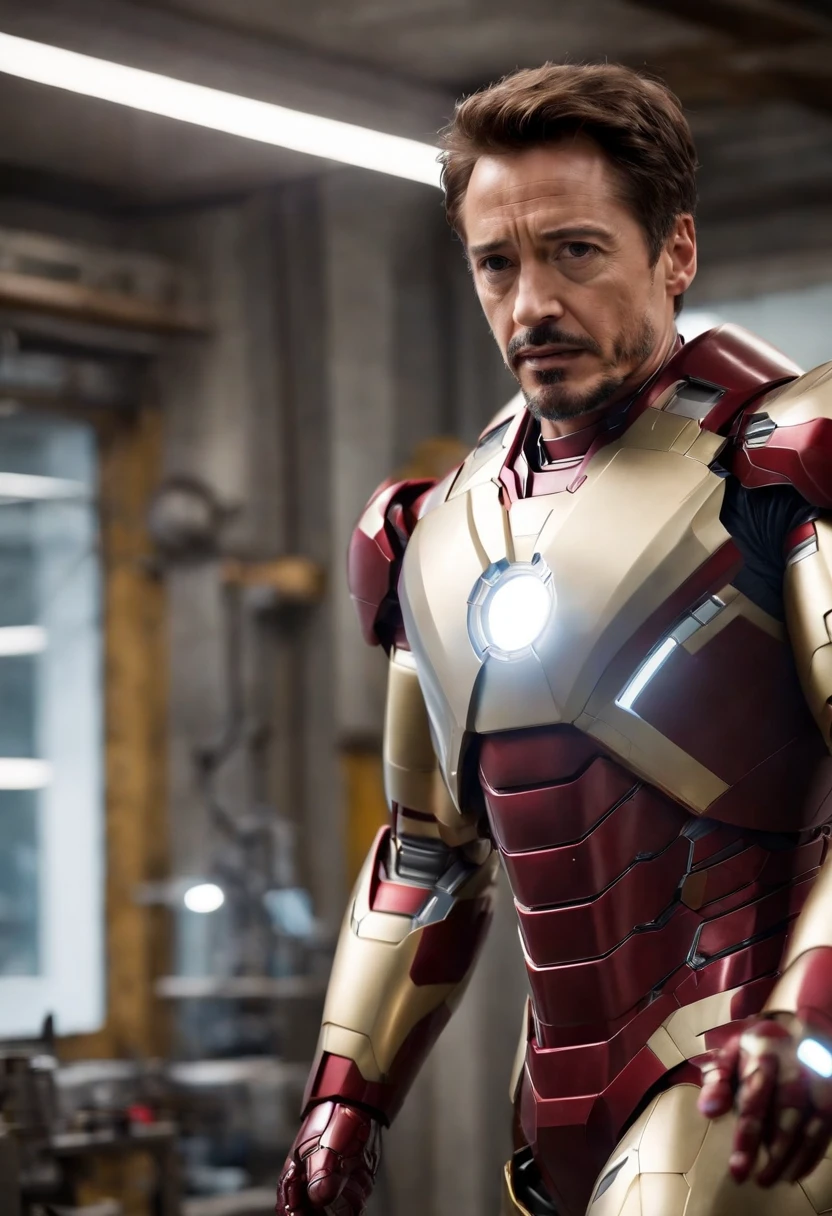 A photo of Tony Stark testing out a new invention in his workshop.,Marvel Cinematic Universe,Stark is typically depicted as handsome and stylish, with neatly groomed facial hair, a sophisticated sense of fashion, and a well-built physique reflective of his status and personality. His appearance is frequently complemented by the latest technology, from his Arc Reactor chest piece to his cutting-edge Iron Man suits, symbolizing his innovative prowess and the armor he uses in more ways than one.