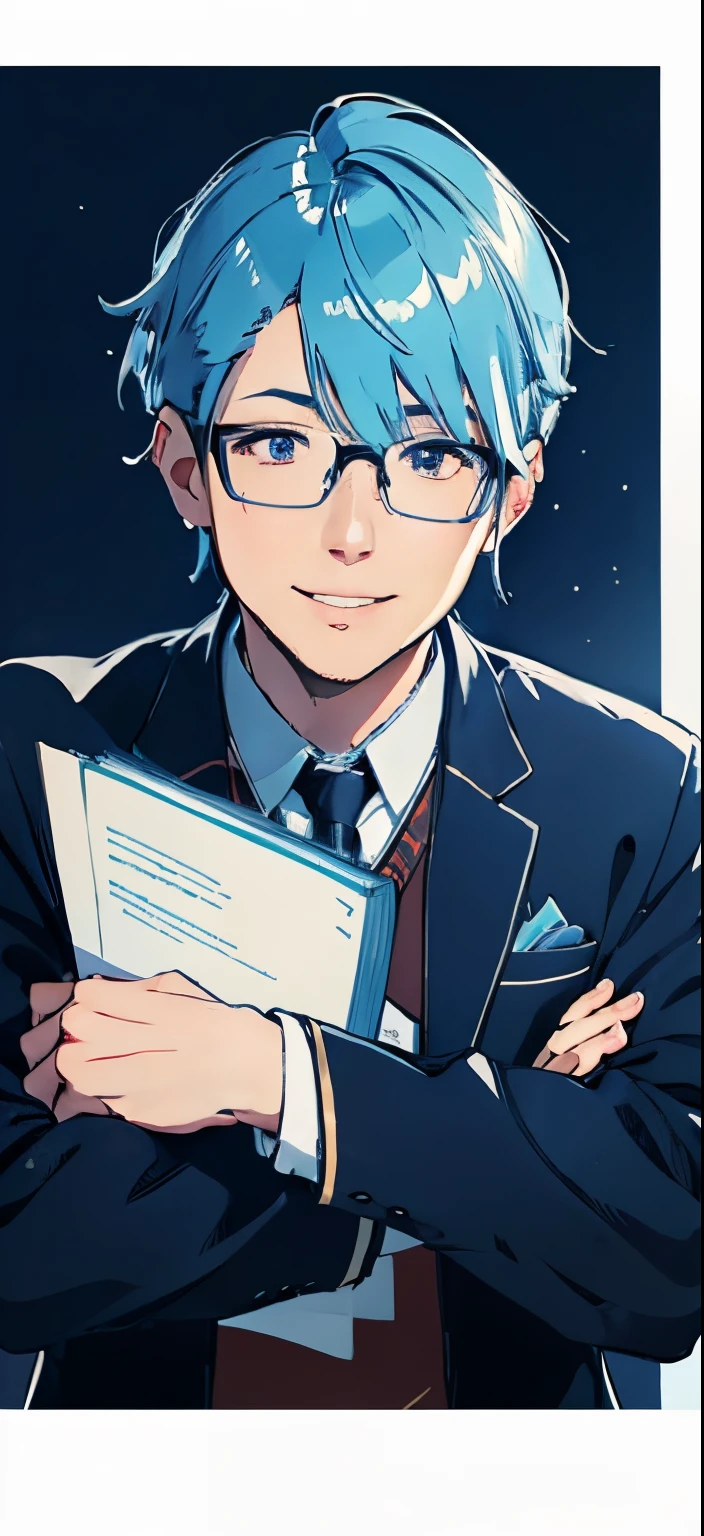 (high quality,4k,8k,highres,masterpiece:1.2),ultra-detailed,realistic,anime style,soft lighting,blue tint,sharp focus,portrait,medium,colorful hair,big eyes,slim nose,thin lips,pointed ears,spiky hair,casual clothing,cute smile,framed glasses,friendly expression,youthful appearance,standing pose,in a school uniform,bright background,playful attitude,holding a book,fantasy ambiance,artistic rendering