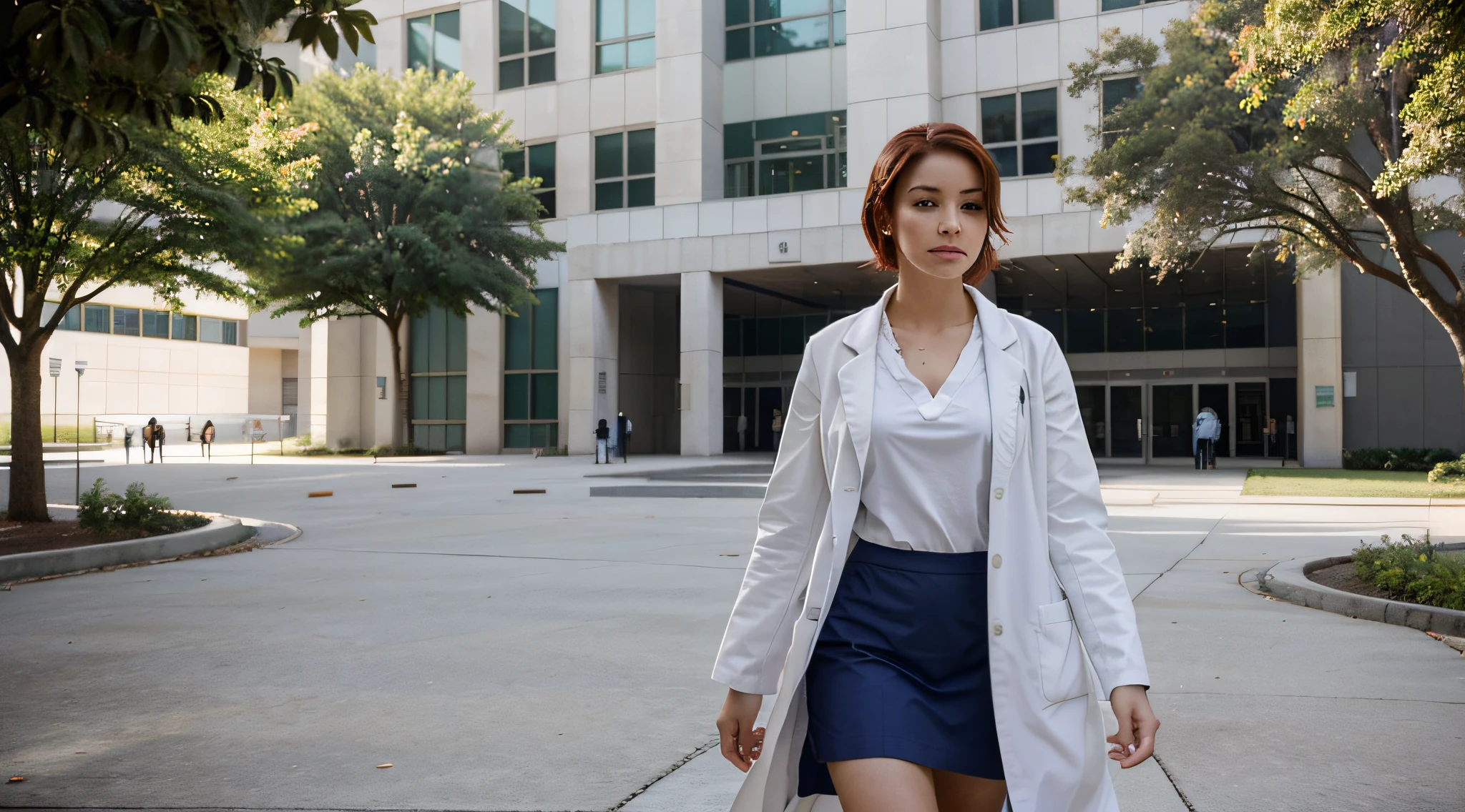 Picture a Brazilian medical student walking through the pristine and modern campus of the university's medical school. She's dressed in medical scrubs with a white coat, and her short, red hair adds a distinctive flair to the scene. Gracefully moving across the campus, the student exudes professionalism.
The surroundings are immaculate, emanating an air of order and organization befitting a prestigious medical institution. The sun shines, casting a warm and inviting glow over the scene. The student, donning a white blouse underneath her white coat, exudes optimism in this academic setting.
I hope this revised description aligns with your vision!