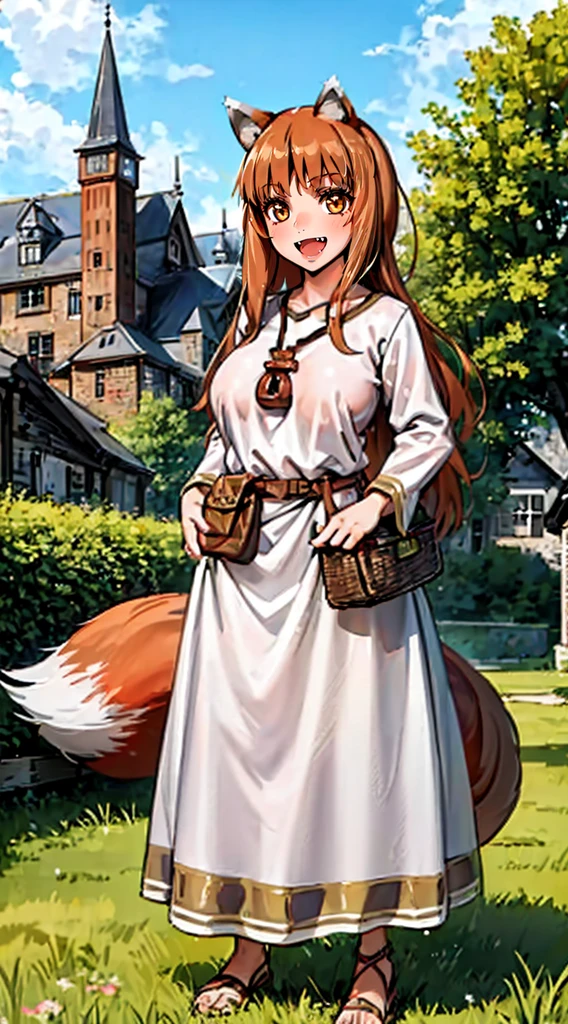 (holo:1.5), (holoBrownDress:1.5), masterpiece, best quality, absurdres, 1girl, looking at viewer, standing, cowboy shot, outdoors, medieval, cobblestone street, town, pouch, sash, smile, fruit, apple, basket,big breast, curvy, silver hair, white hair, full body, flipflops,open mouth smile, fangs,