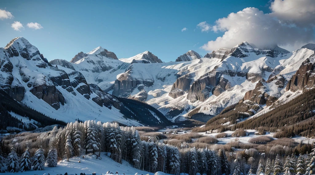 Imagine a majestic mountain landscape. Picture towering mountains covered in snow or enveloped in lush greenery. The peaks reach towards the sky, creating a breathtaking panorama. The air is crisp and pure, and you can almost feel the coolness as you imagine yourself standing amidst this awe-inspiring scene. Describe the details of the landscape, including the ruggedness of the mountains, the textures of the snow or vegetation, and the overall sense of grandeur and tranquility, 4k, hdr