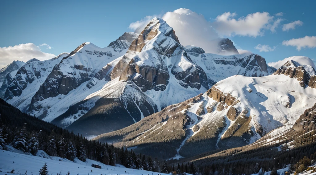 Imagine a majestic mountain landscape. Picture towering mountains covered in snow or enveloped in lush greenery. The peaks reach towards the sky, creating a breathtaking panorama. The air is crisp and pure, and you can almost feel the coolness as you imagine yourself standing amidst this awe-inspiring scene. Describe the details of the landscape, including the ruggedness of the mountains, the textures of the snow or vegetation, and the overall sense of grandeur and tranquility, 4k, hdr