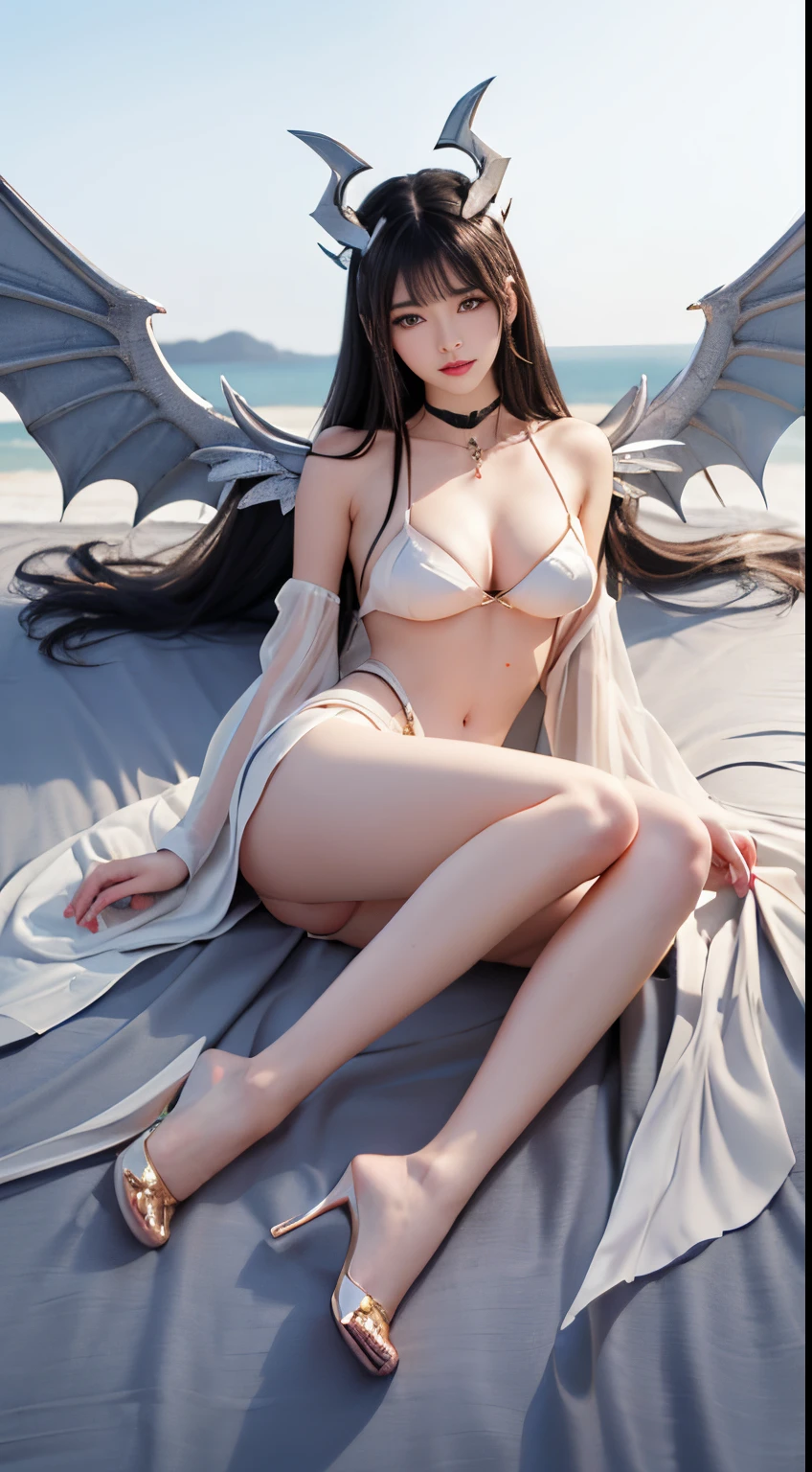 Best Quality, 8K, Mecha Beauty Chainese+Korean slim cute girls  with mecha white wings, above waist，(sleep on the big golden bed), Detailed beautiful delicate face, depiction: Beautiful delicate eyes, Deep depth of field, Thunder thump, in her 20s...., Beautiful Hallyu girl, Korean Urzan face:1.1, Slender face, ulzang-6500-v1.1:0.6, PureErosFace_V1, glowing light eyes, teak, Glossy lips, perfect bodies, choker necklace、Breast cleavage、 Brunette hair、Ponytel:1.1, (Full Mecha Suite),(Dragon Helm),
、 Inside  (body builder:0.7), high-heels, Blend Leg, (slender finger and feet), Full Body --ar:9:16