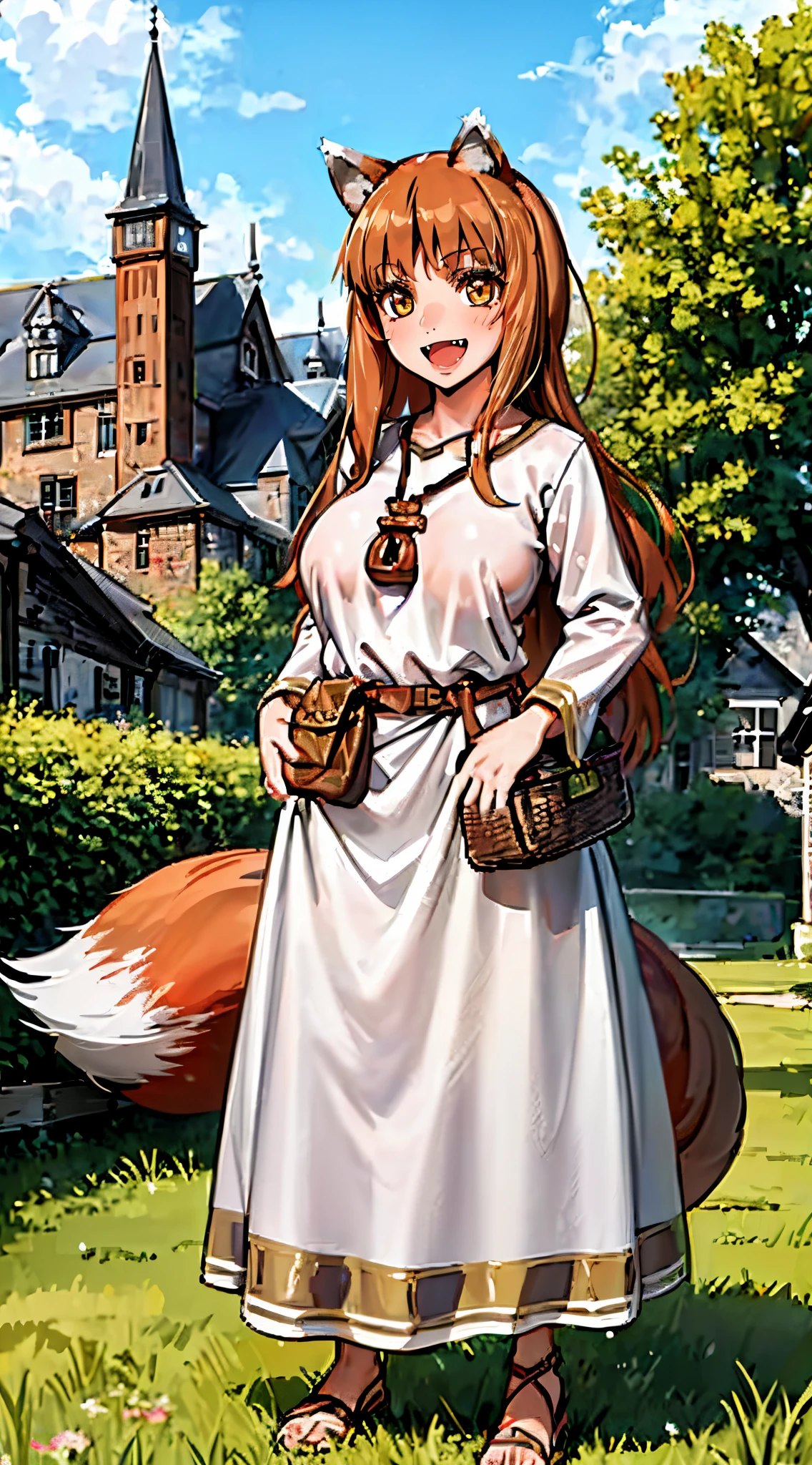 (holo:1.5), (holoBrownDress:1.5), masterpiece, best quality, absurdres, 1girl, looking at viewer, standing, cowboy shot, outdoors, medieval, cobblestone street, town, pouch, sash, smile, fruit, apple, basket,big breast, curvy, silver hair, white hair, full body, flipflops,open mouth smile, fangs,