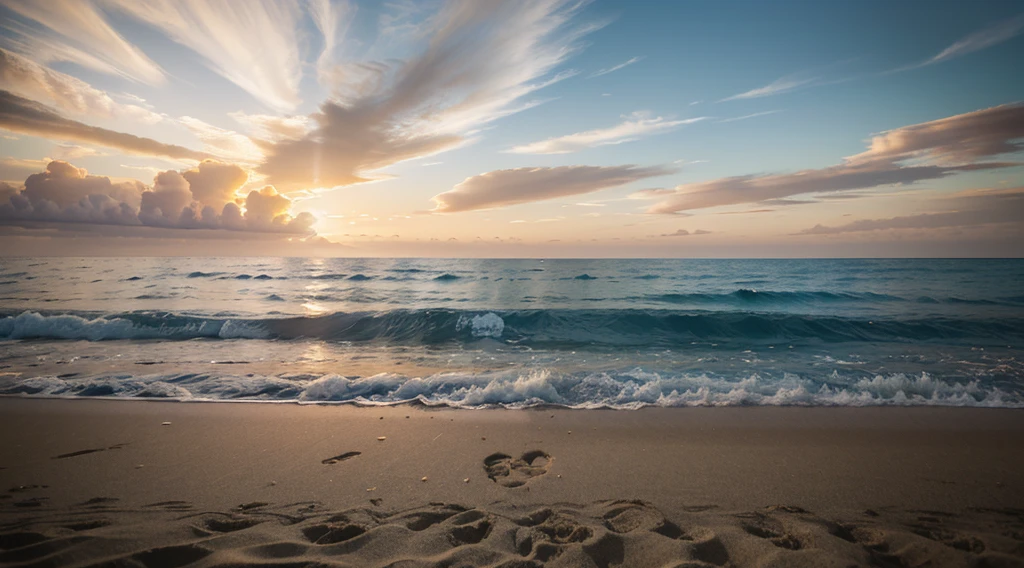 a sunset scene on the beach. Imagine the sun setting over the horizon, painting the sky with a mix of warm, vibrant tones. The sea waters are calm and reflect the colors of the sky, creating a mirrored effect. The beach sand is soft and warm underfoot, and you can feel the gentle sea breeze on your face. Describe the scene in detail, including the colors of the sky and sea, the texture of the sand, and the feel of the breeze, highly detailed, intricate details, shadows, perfect lighting, seamless, 4k, HDR