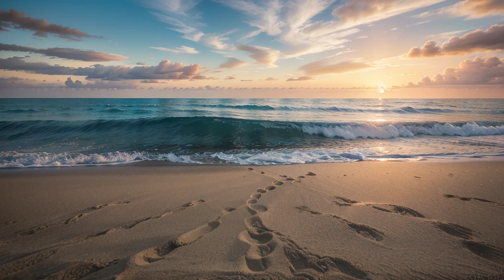 a sunset scene on the beach. Imagine the sun setting over the horizon, painting the sky with a mix of warm, vibrant tones. The sea waters are calm and reflect the colors of the sky, creating a mirrored effect. The beach sand is soft and warm underfoot, and you can feel the gentle sea breeze on your face. Describe the scene in detail, including the colors of the sky and sea, the texture of the sand, and the feel of the breeze, highly detailed, intricate details, shadows, perfect lighting, seamless, 4k, HDR