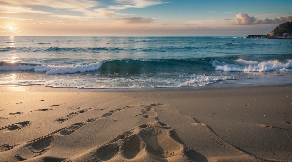 a sunset scene on the beach. Imagine the sun setting over the horizon, painting the sky with a mix of warm, vibrant tones. The sea waters are calm and reflect the colors of the sky, creating a mirrored effect. The beach sand is soft and warm underfoot, and you can feel the gentle sea breeze on your face. Describe the scene in detail, including the colors of the sky and sea, the texture of the sand, and the feel of the breeze, highly detailed, intricate details, shadows, perfect lighting, seamless, 4k, HDR