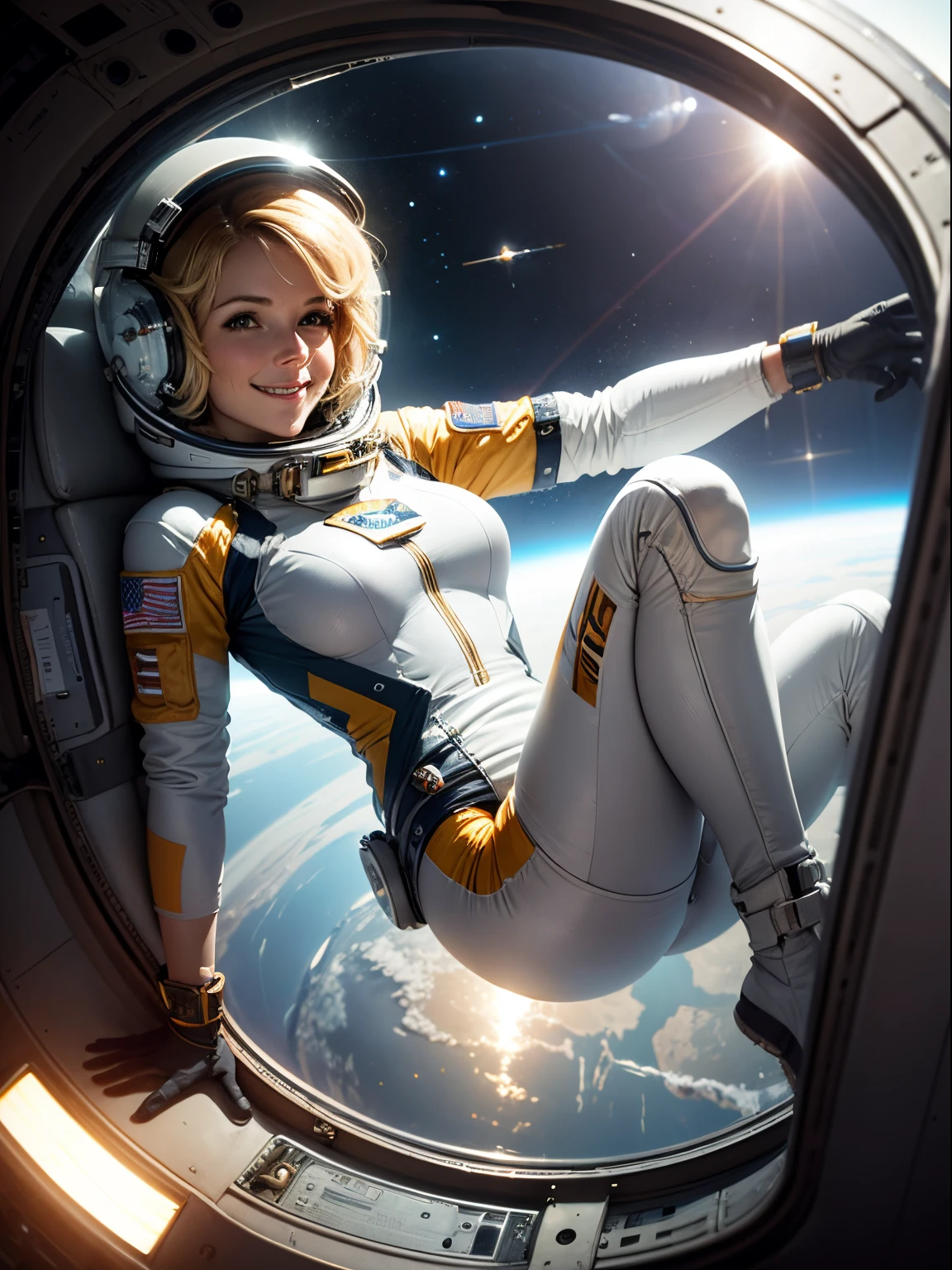 Helen Skelton, floating in zero gravity, smiling, moist skin, full figure, bulky spacesuit, realistic NASA spacesuit and helmet, blonde hair floating, tiny breasts, onboard space station, Earth outside, sunbeam shining in through round viewport, floating spanner, floating screwdrivers, floating bolts, dramatic light, deep shadows
