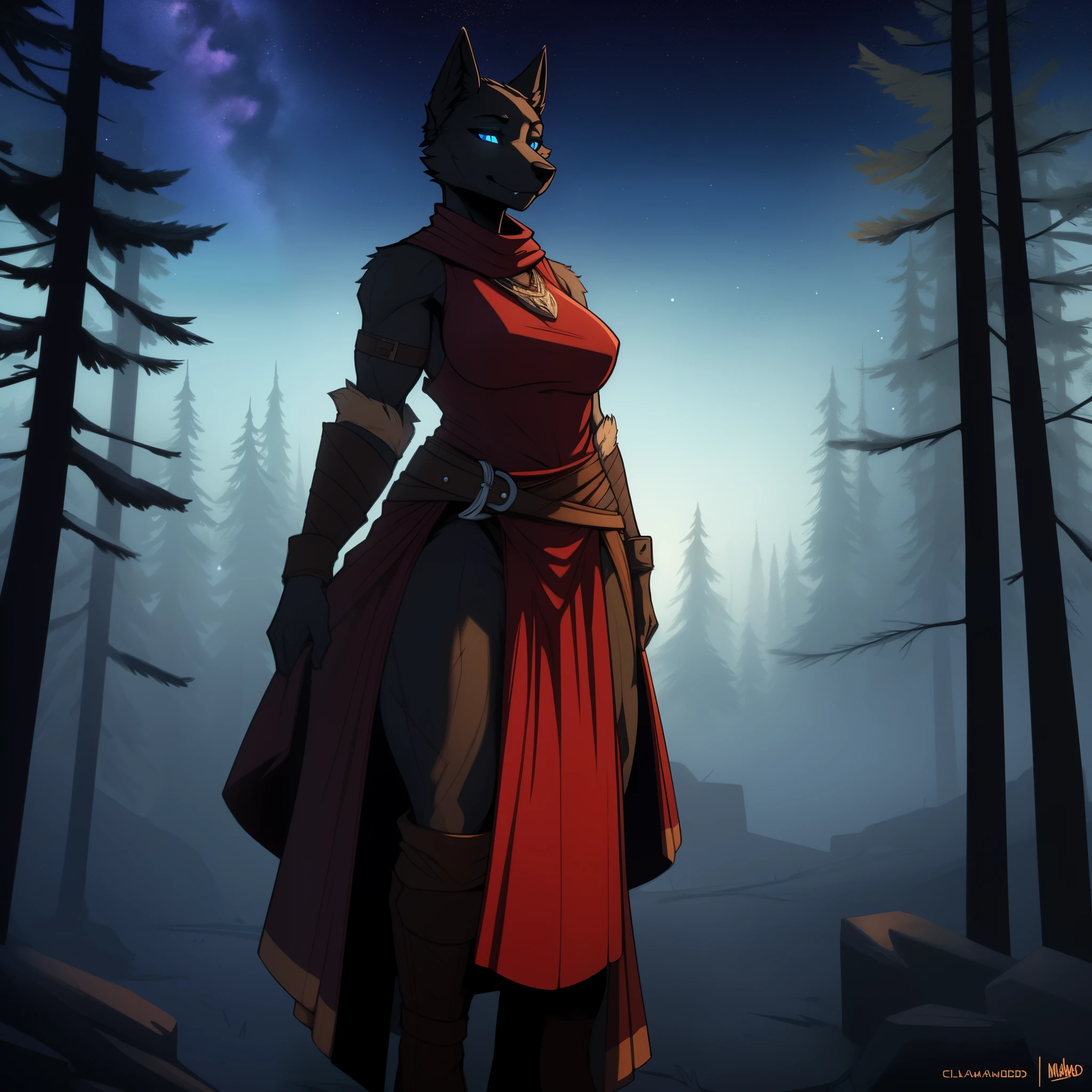 Tall_lanky_muscular_mature_wolf full_breasts female black_furry_body blue_eyes very_fluffy scars misty_breath foggy_forest starry_sky solo Masterpiece best_quality absurdres highly_detailed cleanly_drawn_eyes anthro_only by_claweddrip, by_greasymojo, by_underscore-b, by_runawaystride medieval_tunic medieval_pants