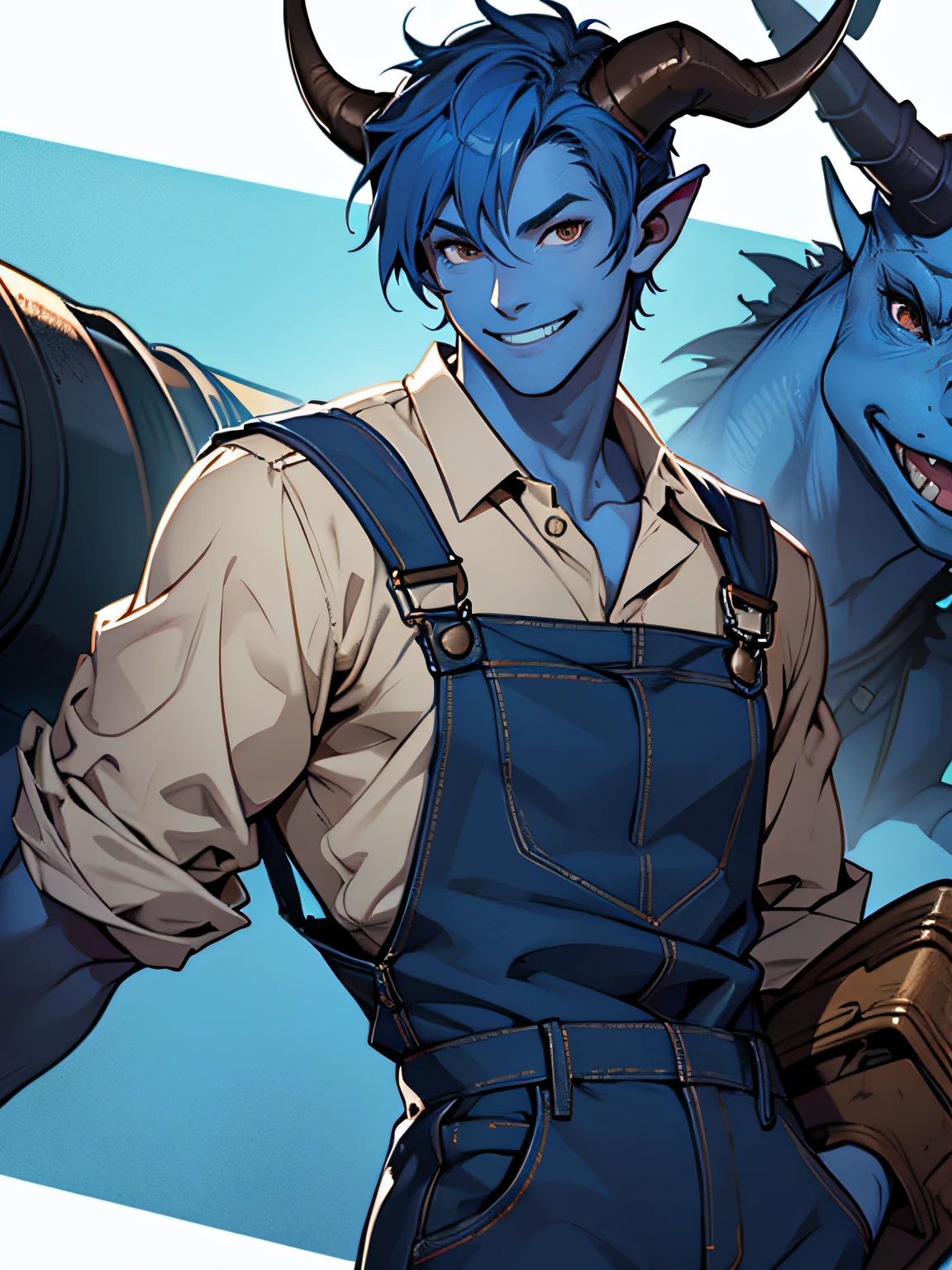 1 man, blue skin, horns, tiefling, short hair, brown eyes, smile, overalls,