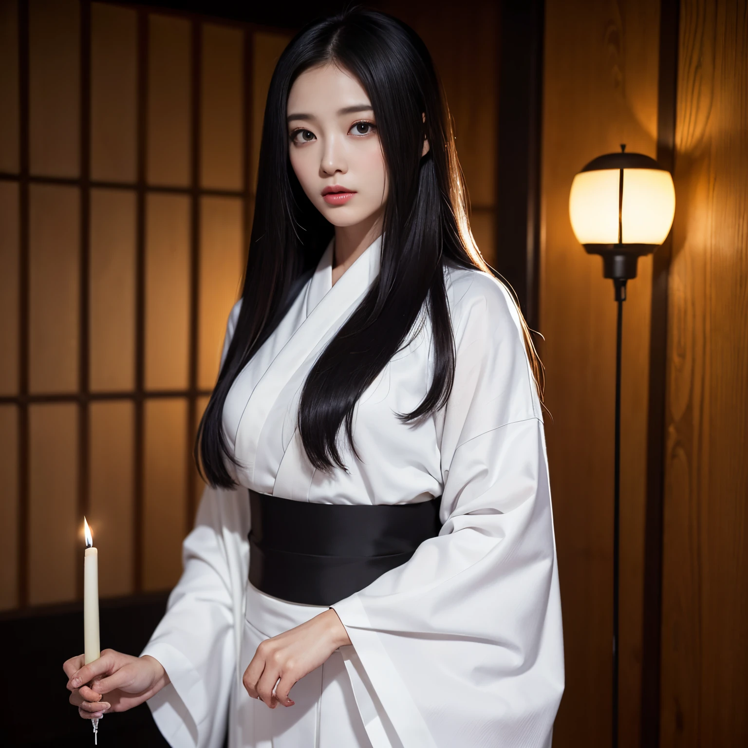 ((masutepiece、top-quality、8K、Highly Detailed and Complex Detail、The most complex and detailed textures、Super High Detail))、(1 beauty、Long Black Hair、straight haired、ghost beauty、Creepy and horror-like beauty、Snow-white skin、Lonely look、ruthless look、pure white kimono、Shot from the waist up、elegant pure white kimono、is standing、Standing、Walking)、(((Pitch black night、deep in the night、Very dark、total darkness、deep in the night、A single candle light in the darkness、)))、i'Inside a dark Japanese house、Old Japan Mansion、Ancient Minjia、Walk through Japanese architecture、horor、thrill、terror、Strange story、ghosts、ghosting、Creepy and horror lighting expression)