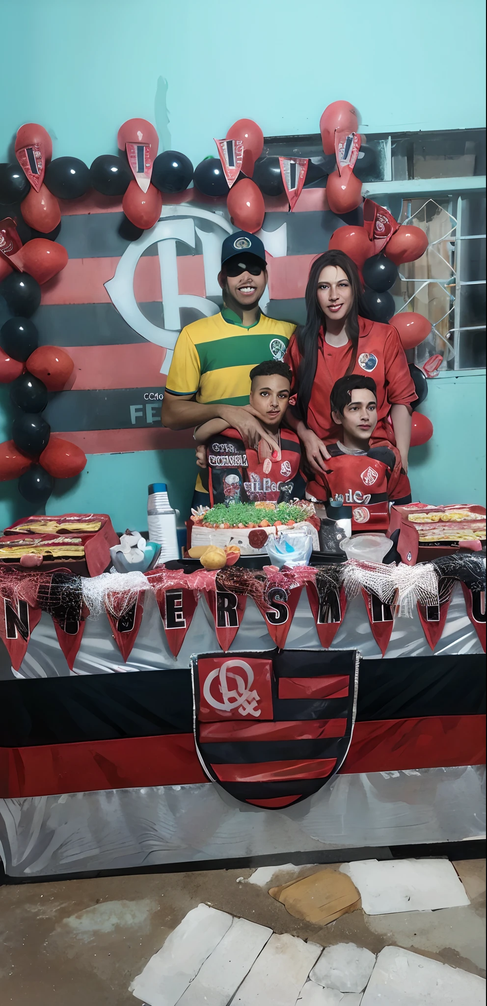 there are two people and a child behind a table with balloons, Ronaldo Luis Nazario da Lima, Ronaldo Luis Nazario de Lima, Ronaldo Nazario Fenomeno, Happy family, david rios ferreira, caio santos, Directed by: Willian Murai, Family photo, andrea rocha, happy birthday, estilo de vida, birthday party, celebration, Ronaldo Nazario