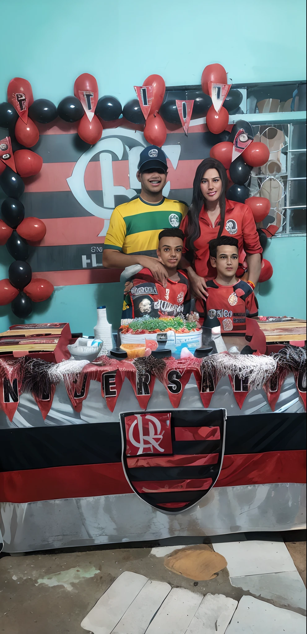 there are two people and a child behind a table with balloons, Ronaldo Luis Nazario da Lima, Ronaldo Luis Nazario de Lima, Ronaldo Nazario Fenomeno, Happy family, david rios ferreira, caio santos, Directed by: Willian Murai, Family photo, andrea rocha, happy birthday, estilo de vida, birthday party, celebration, Ronaldo Nazario