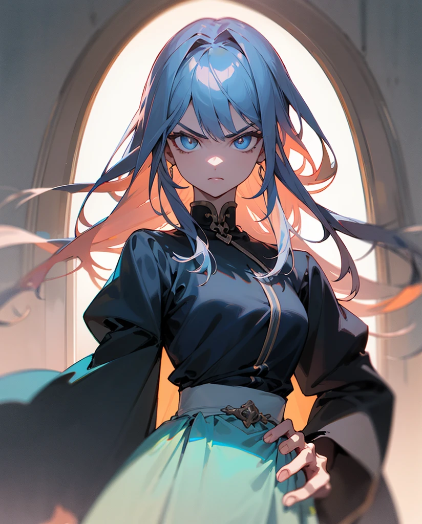 Melhor qualidade, girl with hands on waist, cabelo preto, cabelo longo, olhos vermelhos, (roupas casuais), head slightly tilted to the side, ((serious look)), estilo de anime, corredor de uma casa, dim lighting, corpo completo, rosto detalhado, detailed hands, melhor qualidade dos olhos, Front view, olhando para o espectador