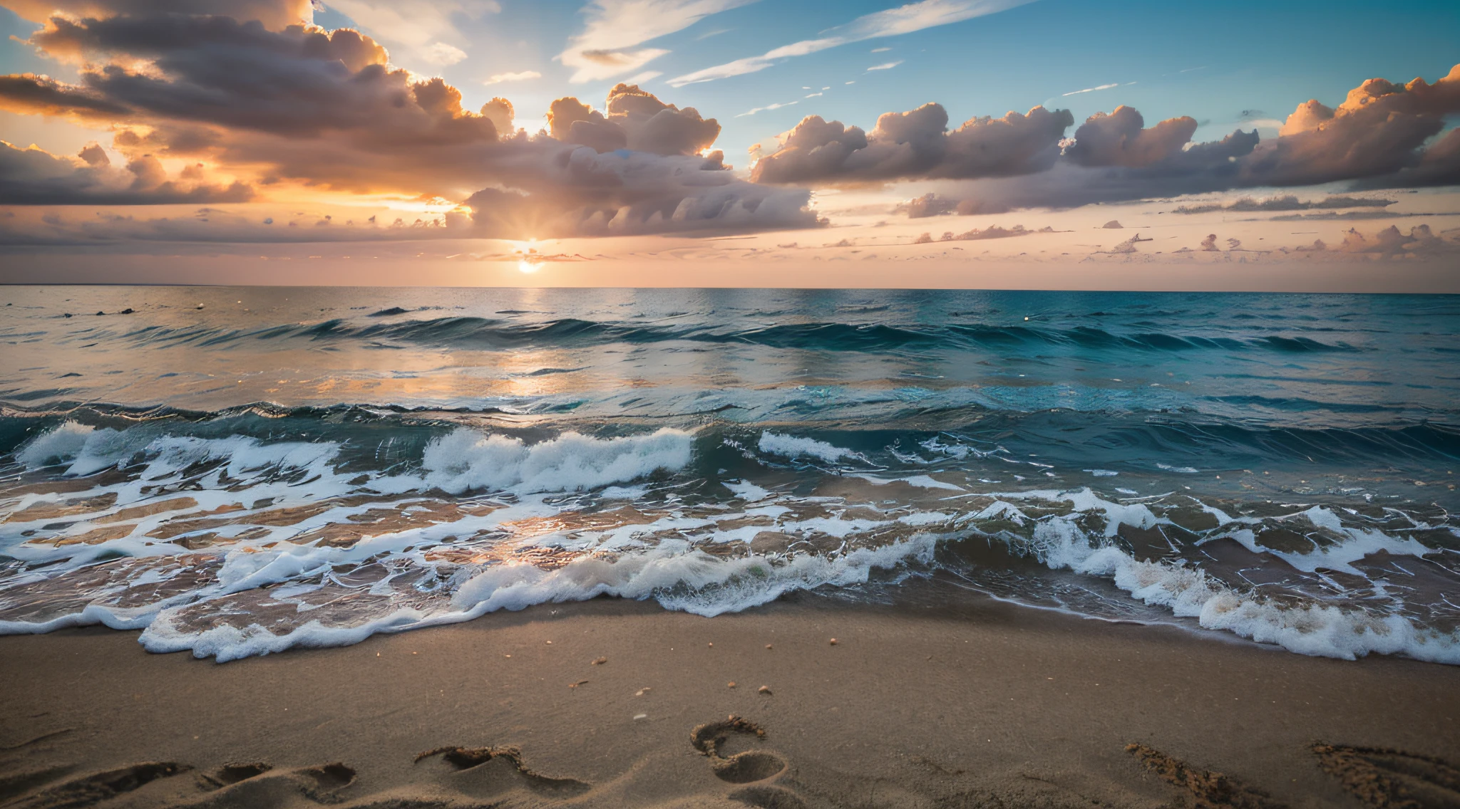 a sunset scene on the beach. Imagine the sun setting over the horizon, painting the sky with a mix of warm, vibrant tones. The sea waters are calm and reflect the colors of the sky, creating a mirrored effect. The beach sand is soft and warm underfoot, and you can feel the gentle sea breeze on your face. Describe the scene in detail, including the colors of the sky and sea, the texture of the sand, and the feel of the breeze, highly detailed, intricate details, shadows, perfect lighting, seamless, 4k, HDR