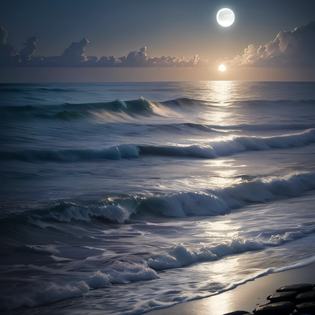 Moonlit ocean at night with full moon and white caps