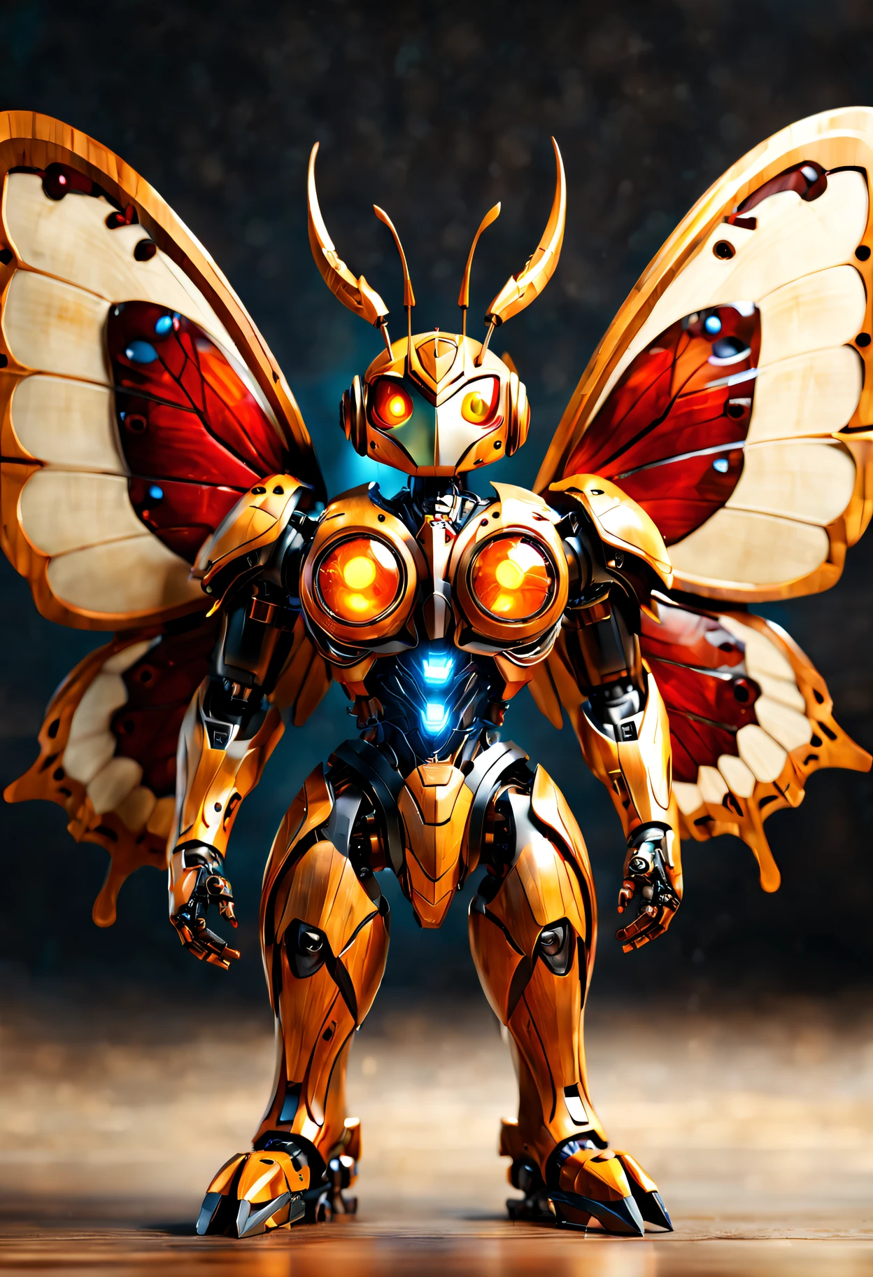 amazing wooden android butterfly with smooth varnished surface, (wooden butterfly), glowing eyes, robotic wings, looking at viewer, claws, battlefield, full body view， (8k, hd, rich vibrant colors, masterpiece, best quality, dynamic composition, symbolic, dynamic pose, dynamic angle) ,symmetry,movie lighting, 3D, OC rendering, Unreal 5 rendering, 8K, Super realistic, Super detailed, Complex, High quality, High resolution, Looking at the camera, Super realistic, Realistic style,