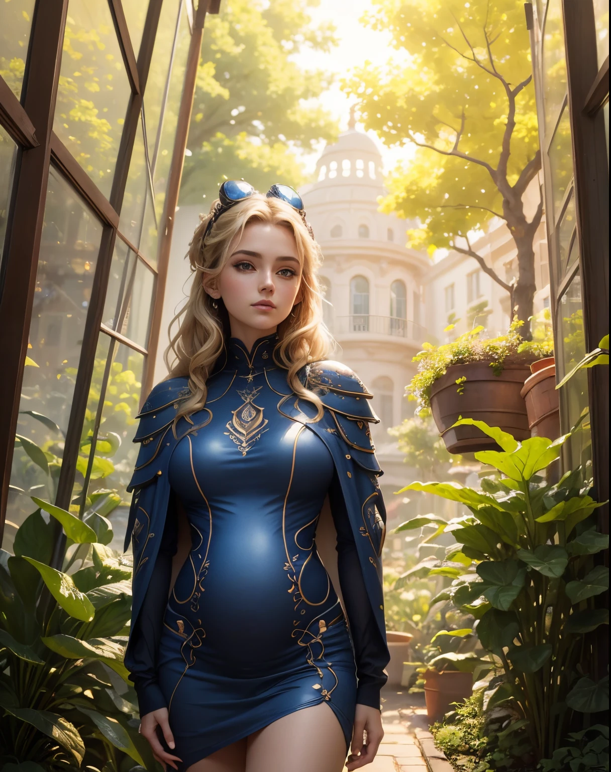 Drawing, hand drawn, beautiful detailed scene of a 25 year old woman wearing futuristic insectoid beetle shell as clothing, cape, beautiful deep blue, dusk scene, clouds, trendy, hands on hips, power pose, masterpiece, gem center, modest, traditional art, handdrawn, woman, cute hairstyle, messy hair, gradient on the hair, short blonde hair, magenta t-shirt, denim vest, old garden background with planter boxes and bushes, pregnant, muted colors, by Loish