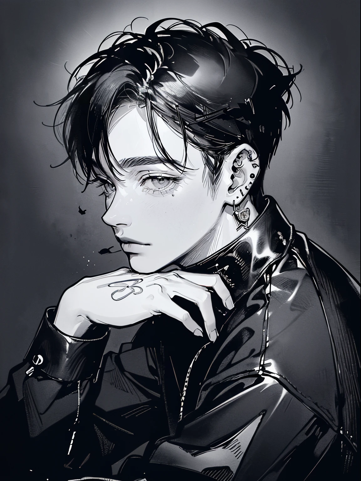 (4K works))、masterpiece、(top-quality)、((Midnight Night Road))、Korean Male、Adult male、((Adult 50 years old))、((Adult uncle type))、((Leather Jeans Style))、((Face similar to Hyunjin))、Cool Men、tall、((Gentle face))、((Long sleeve long trouser style))、((Smaller face))、Slim body、(((short-haired)))、((shot from a side angle))、((profile))、((Shot alone))、((Solo Photography))、Professional Photos、((He is in front of the viewer))、((Monochrome photography))、((Upper body photography))、((Wear a lot of piercings))、((Icon Photo))、((Sick Boys))、((Mine Boys))
