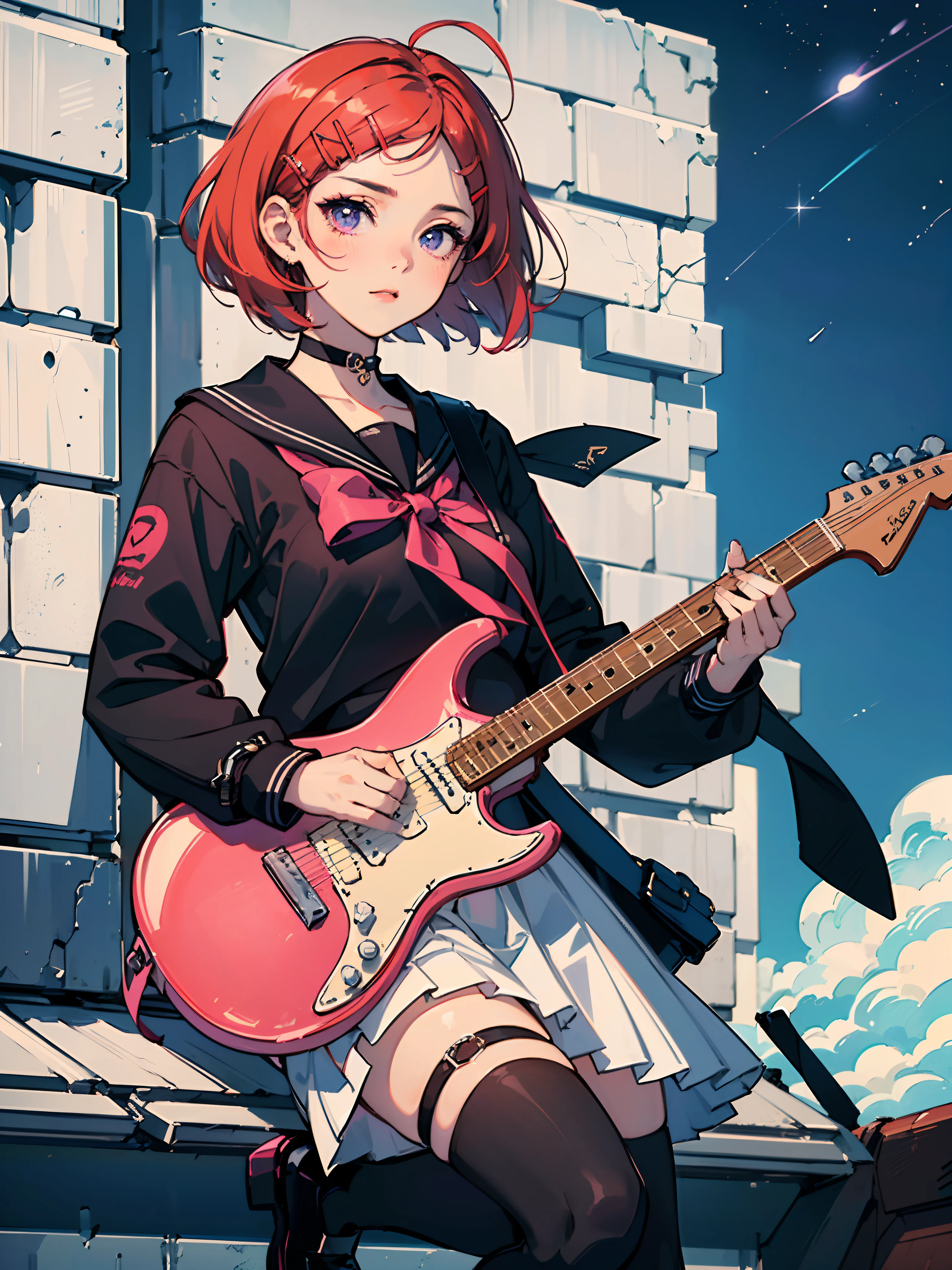 ((((Sharp focus,Vaporwave,staring,))))((electric guitar,playing guitar,))(Masterpiece illustration,Beautiful and aesthetic:1.2,aim to viewers,from below), Best quality,Top quality, Epic quality,((((rooftop,outdoor,))))(shooting stars,moonlight,moon glare, god light,))Neat face,underage,Young,Beautiful detailed hair,red hair,hyper HD, retinas, Textured skin, A high resolution, 16k ,((hairclip,bobcut,short hair,Large bow on hair)),Detailed face, 1JK, 1girl,Solo, Perfect face, Very amazing girl,(black sailor uniform,White sailor tie at front),rim-light,((rock and roll))
