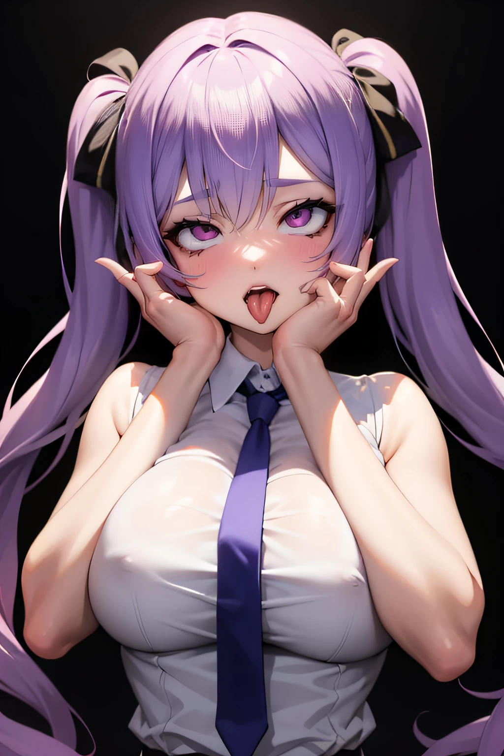 1girl, ahegao, upper body, collared shirt, office, tongue out, hands on own face, rolling eyes,, masterpiece, best quality, highly detailed, LARGE BREASTS, PURPLE HAIR, TWINTAILS,