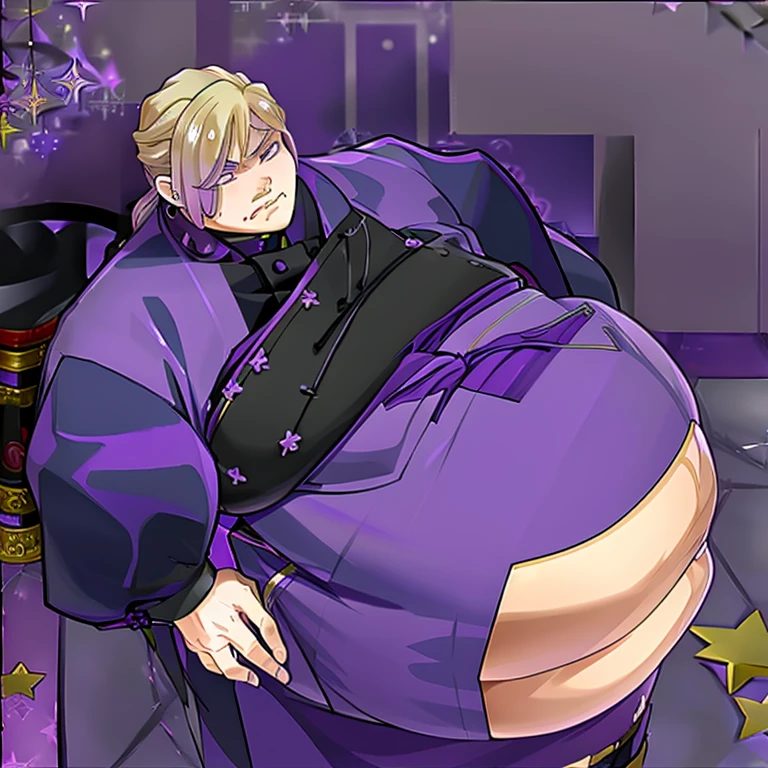 1guy, ((Solo)),dorm uniform, blonde hair, purple eyes, purple highlights, best quality, highres, Vil Schoenheit, ((annoyed frown)), Purple Robes , on the floor, fat, Stuffed belly, thick thighs, hyper hips, chubby face, starry night, Castle background, masterpiece