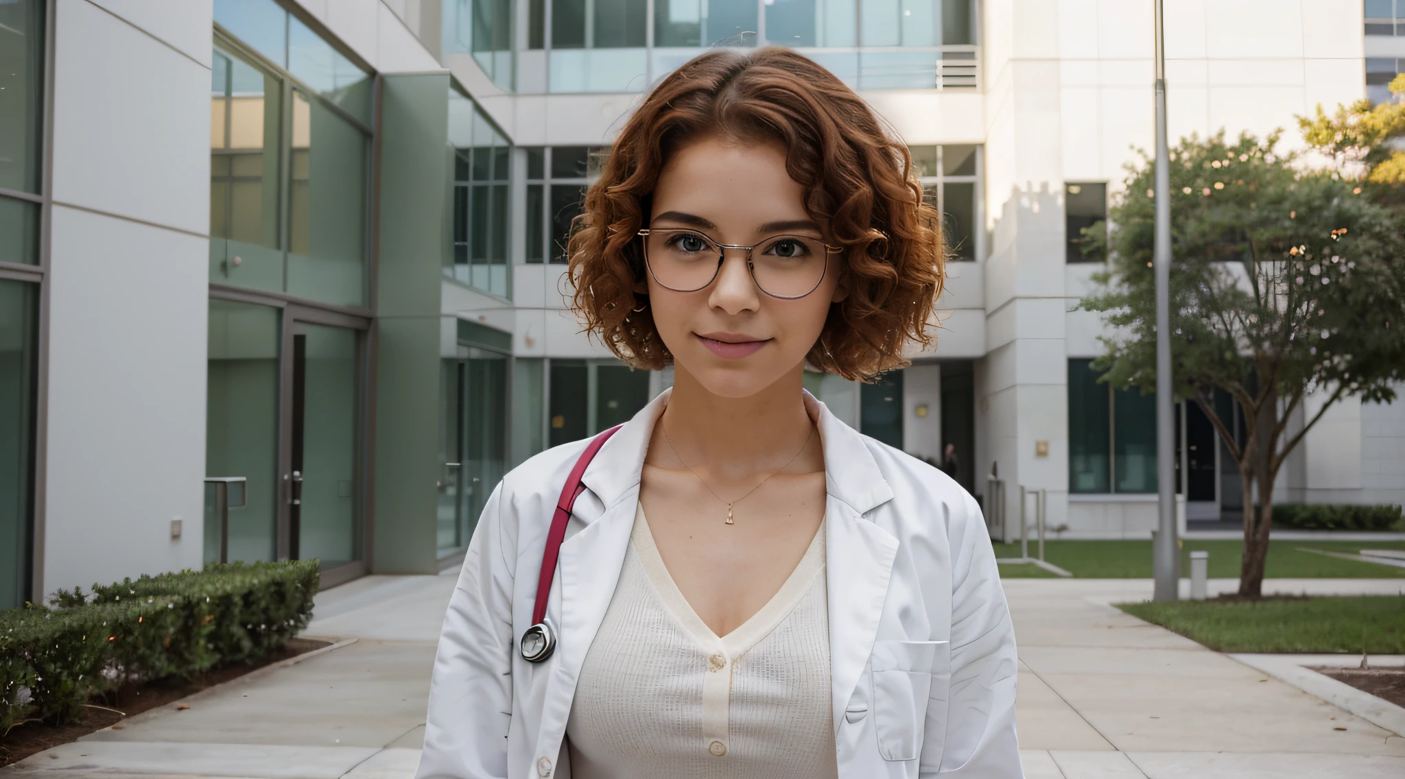 Picture a Brazilian medical student walking through the pristine and modern campus of the university's medical school. She's dressed in medical scrubs with a white coat, and her short, red, curly hair adds a distinctive flair to the scene. The student wears stylish eyeglasses, blending a touch of intellectual charm with her professional appearance. Gracefully moving across the campus, she exudes professionalism.

The surroundings are immaculate, emanating an air of order and organization befitting a prestigious medical institution. The sun shines, casting a warm and inviting glow over the scene. The student, donning a white blouse underneath her white coat, exudes optimism in this academic setting.

I hope this refined description aligns with your vision!