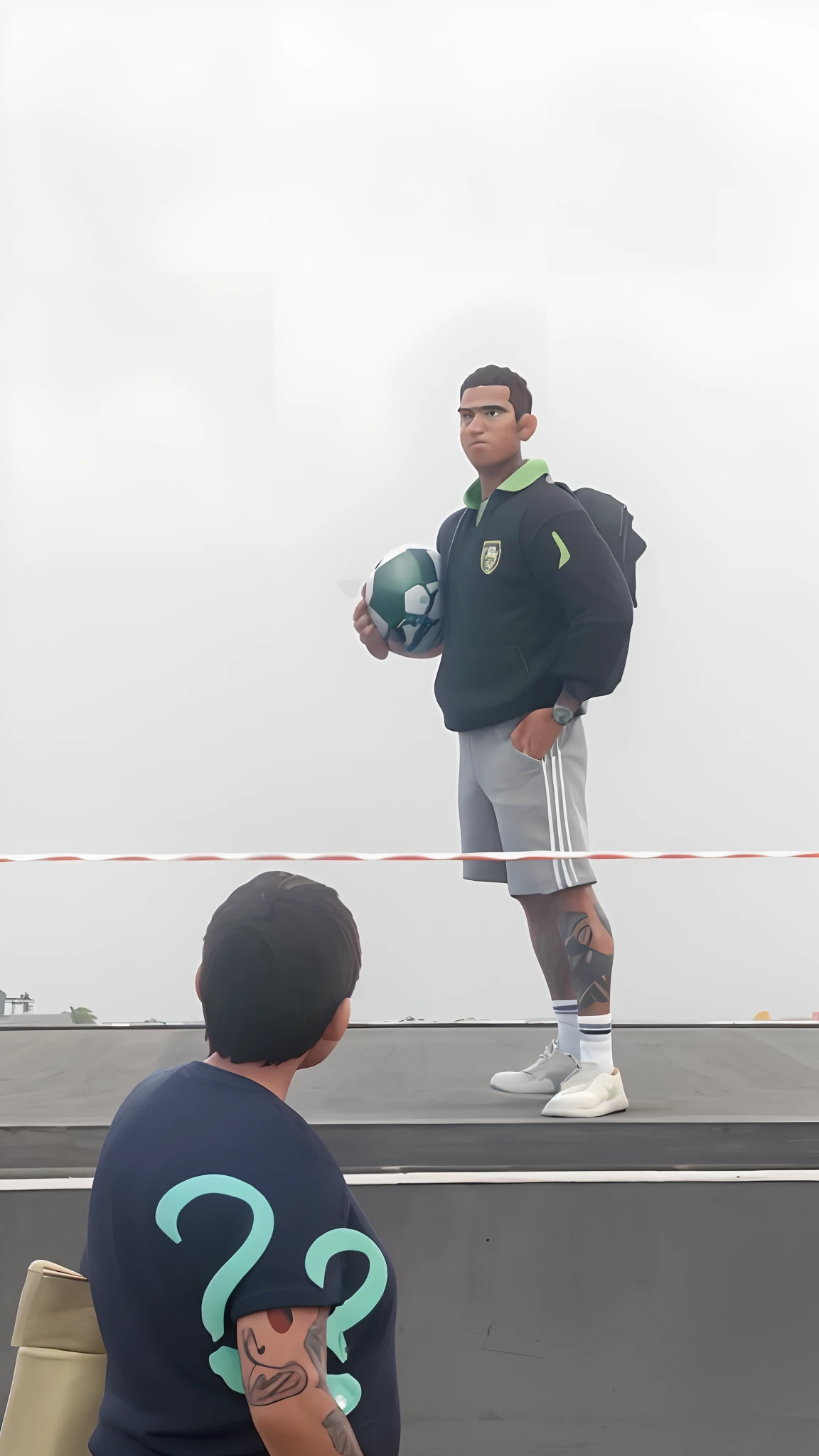 Create a Pixar-style 3D poster of a young brunette fan of ESPORTE CLUBE VITÓRIA, com longos cabelos pretos e um cavanhaque preto. He wears a beige cap with the brim facing forward and black glasses. Do it with a red and black striped shirt, segurando uma bandeira vermelha e preta. His right arm is tattooed with geometry. Ele tem um brinco pequeno na orelha esquerda. The setting is a packed grandstand of a football stadium with red fireworks behind it.