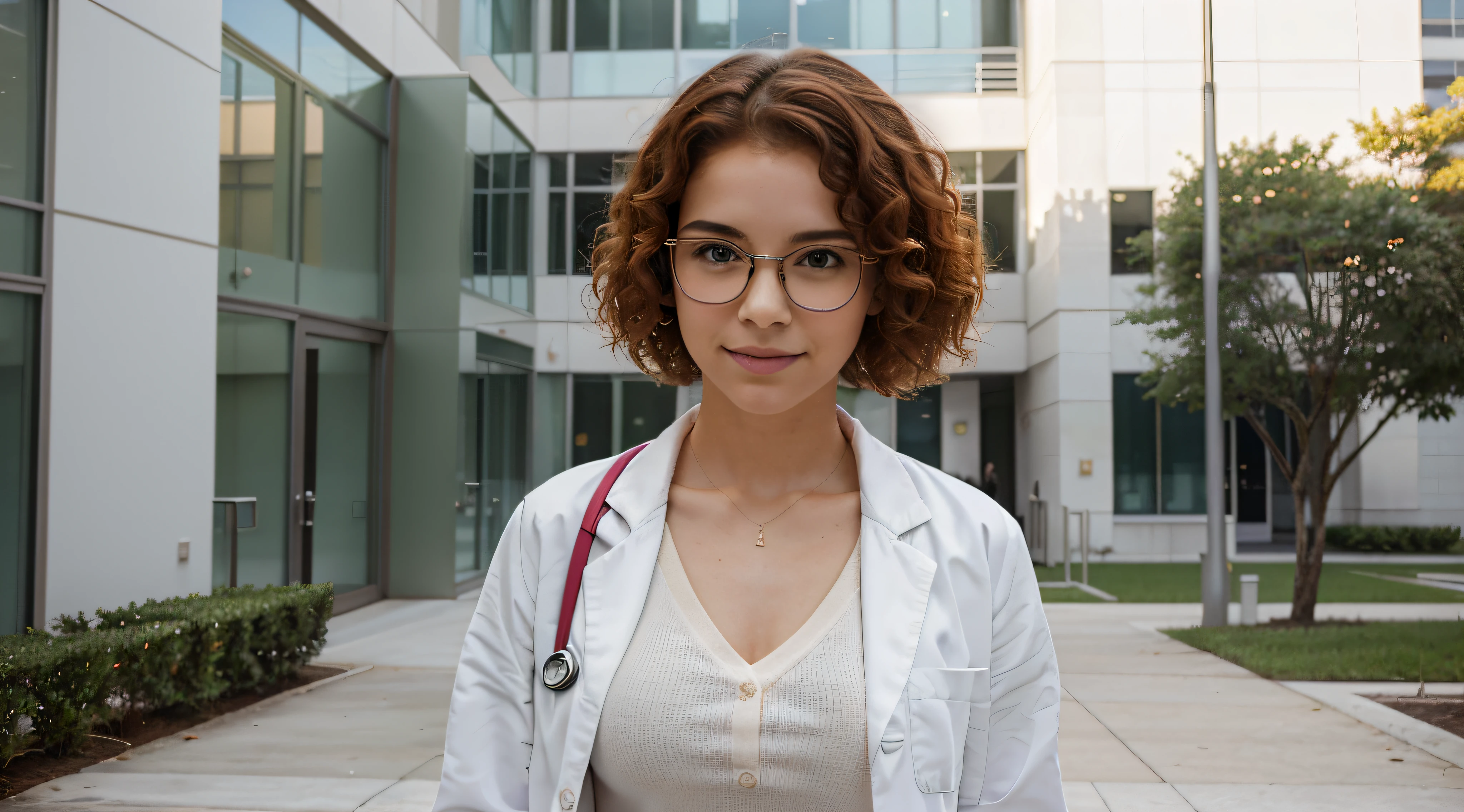Picture a Brazilian medical student walking through the pristine and modern campus of the university's medical school. She's dressed in medical scrubs with a white coat, and her short, red, curly hair adds a distinctive flair to the scene. The student wears stylish eyeglasses, blending a touch of intellectual charm with her professional appearance. Gracefully moving across the campus, she exudes professionalism.
The surroundings are immaculate, emanating an air of order and organization befitting a prestigious medical institution. The sun shines, casting a warm and inviting glow over the scene. The student, donning a white blouse underneath her white coat, exudes optimism in this academic setting.
I hope this refined description aligns with your vision!