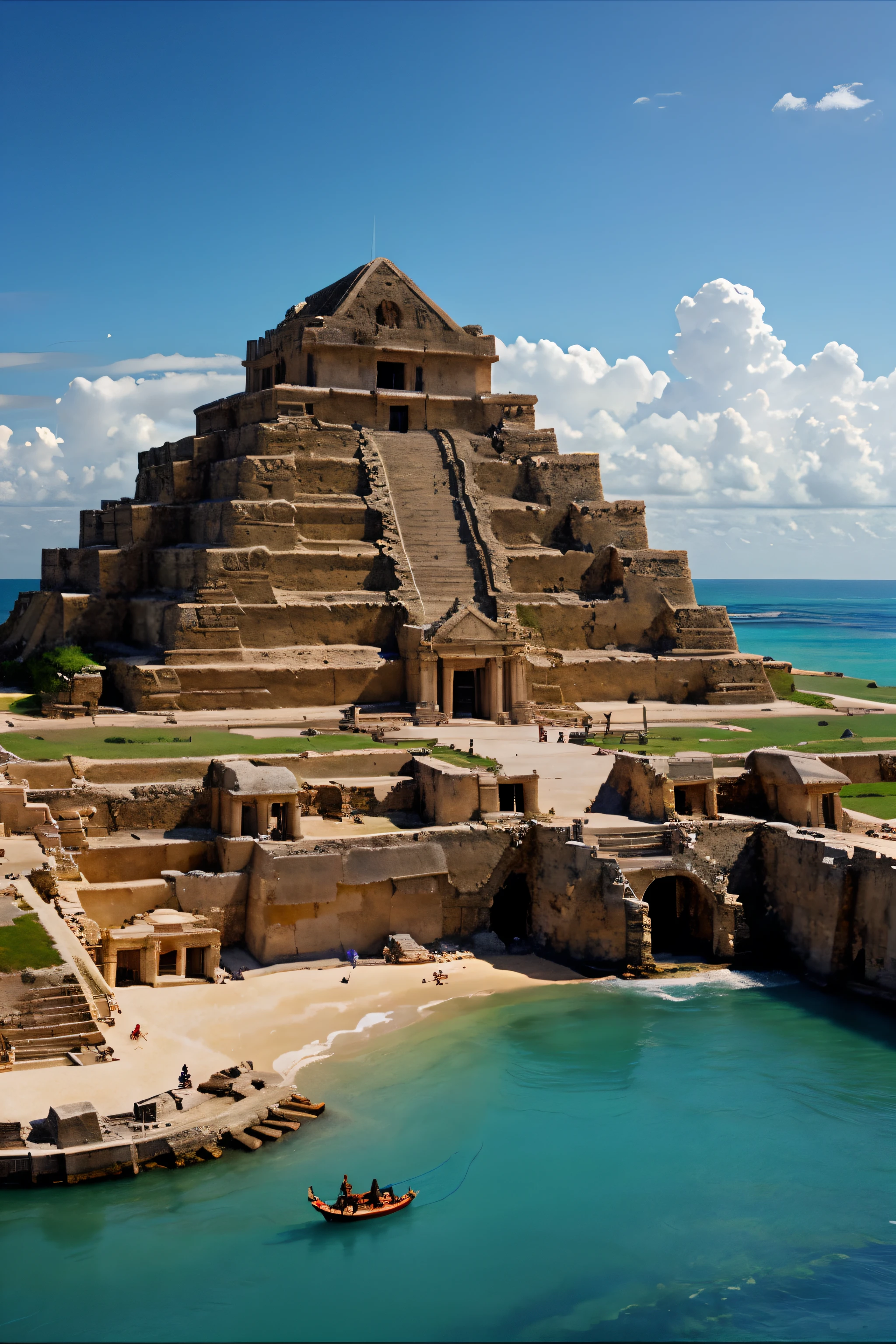 legendary island of Atlantis, with temples, gods statues and pyramids, hiper realistic