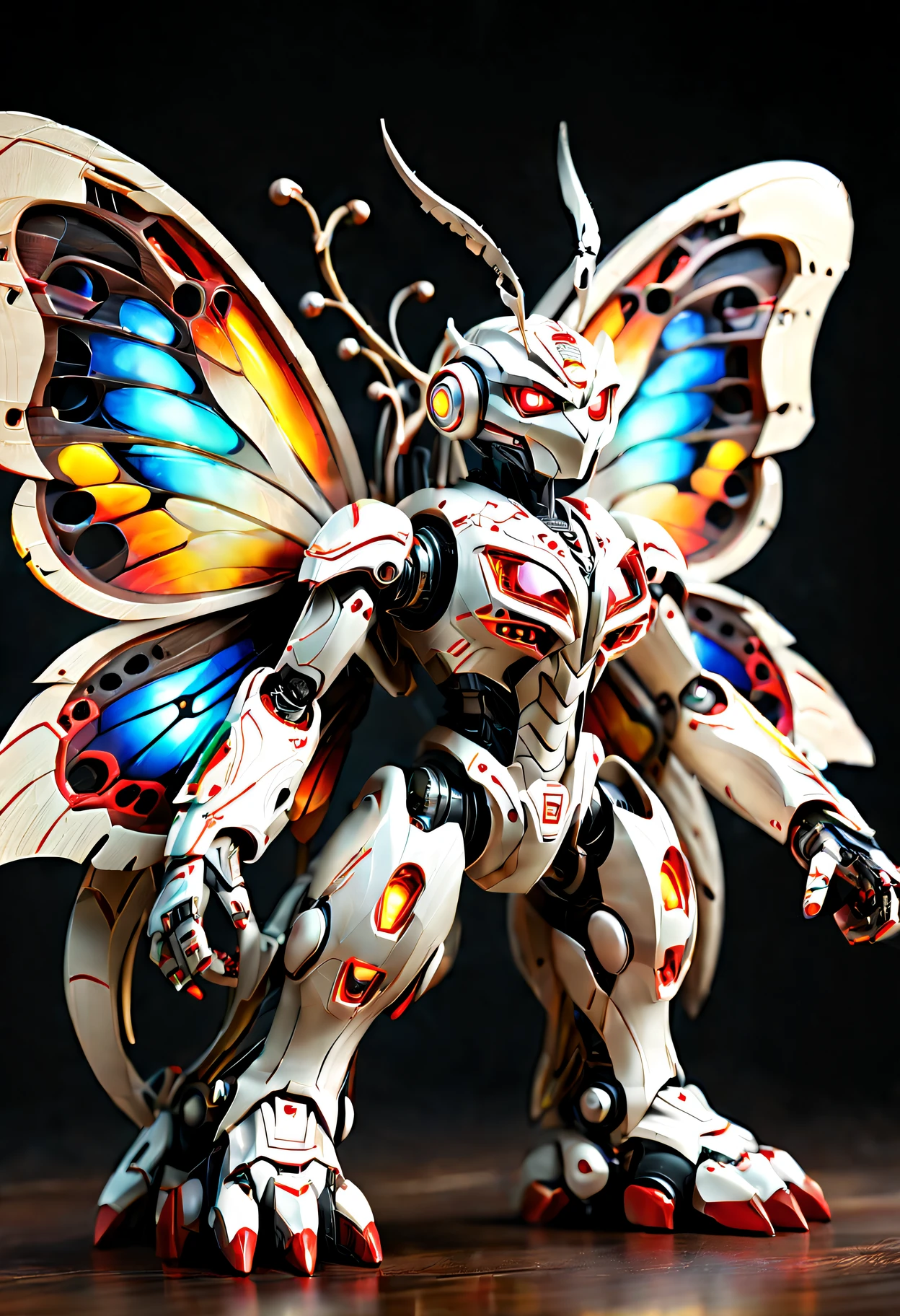 Stunning wooden robot butterfly，Smooth paint surface, (Wood butterflies), glowing light eyes, robot wings, looking at viewert, clawed paws, battlefiled, full-body view， (8K, k hd, rich and vivid colors, tmasterpiece, Best quality at best, dynamic compositions, Symbolic, dynamicposes, dynamic angle) ,对称,电影灯光, 3D, OC Render, unreal 5 render, 8K, hyper realisitc, ultra-detailliert, Complex, high qulity, A high resolution, looking at the camera in, hyper realisitc, Realisticstyle,