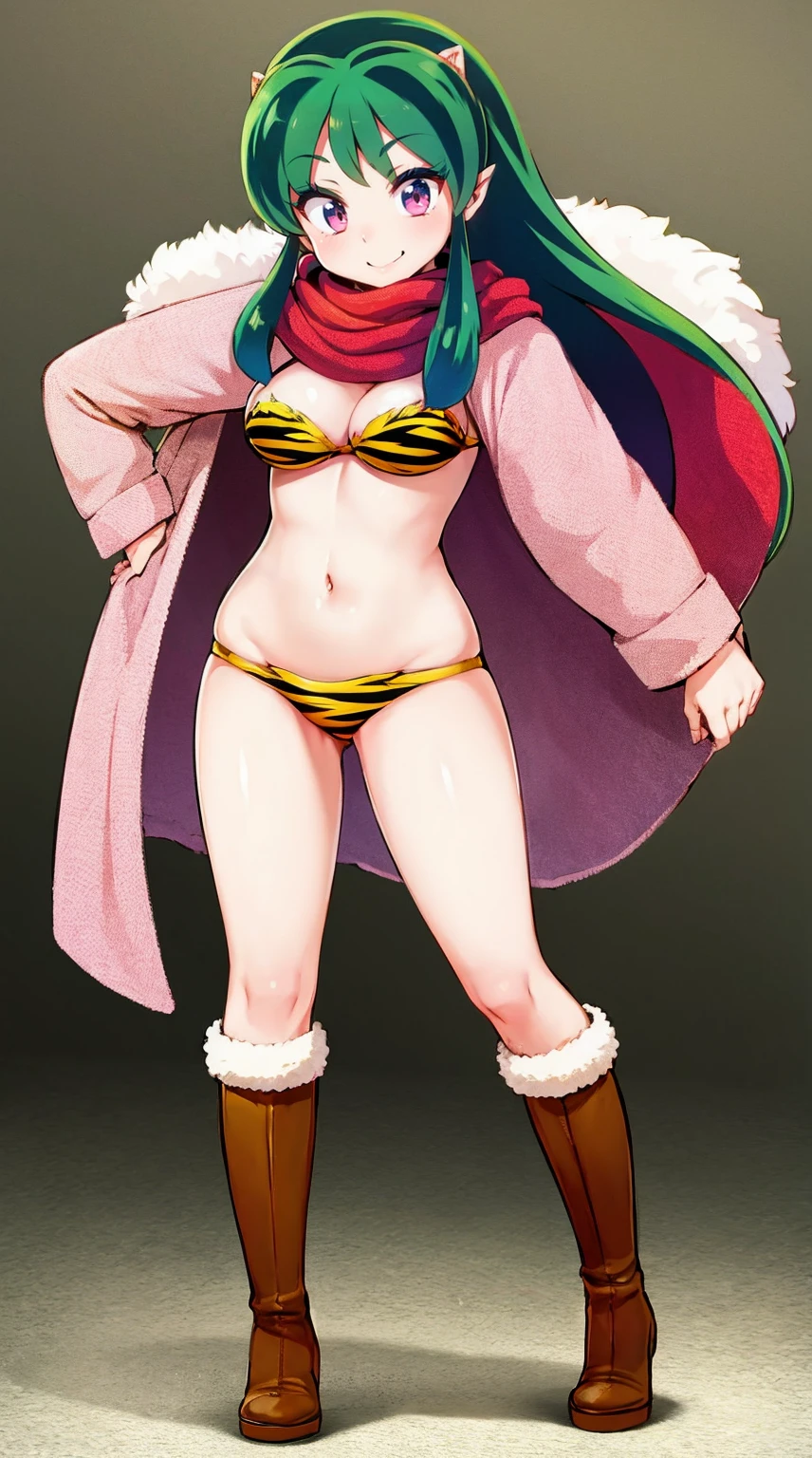 lum , boots,  smile, scarf, fur clothing, revealing cloths, barbarian