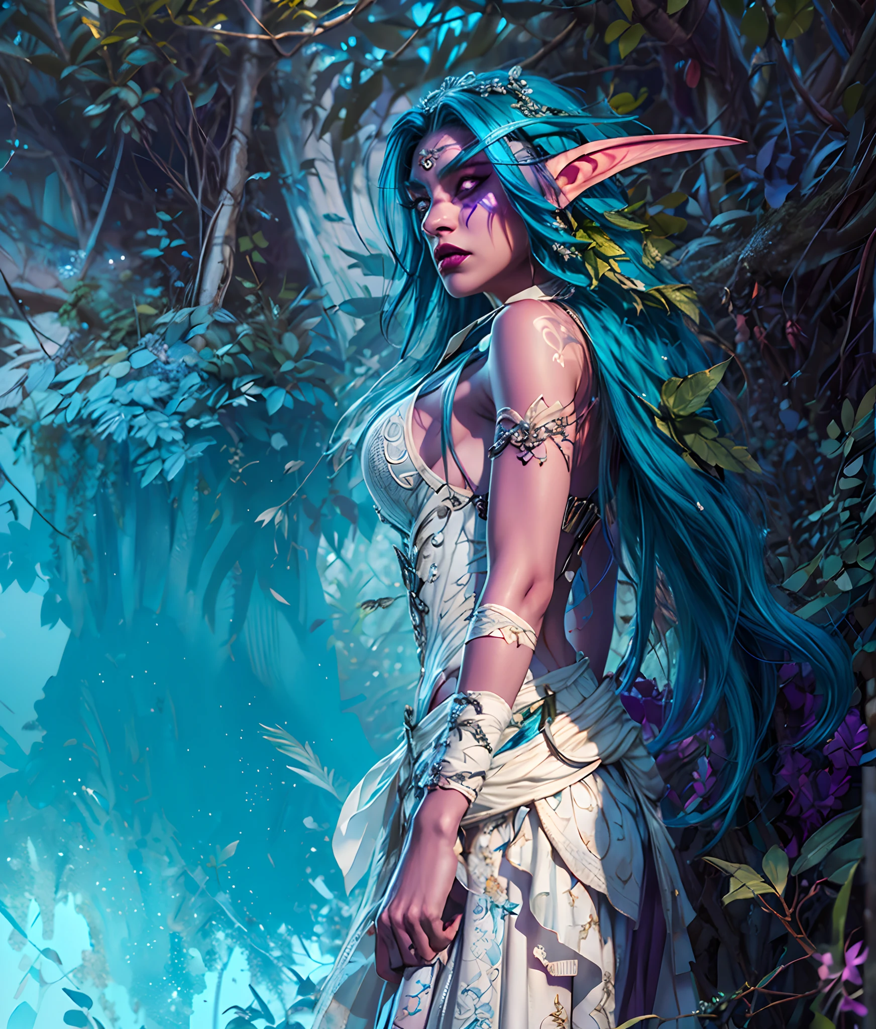 ultra high detailed 3d render of a Tyrande Whisperwind wondering through jungle, high quality, super quality, sharp details, high details, octane render, unreal engine 5.0 graphics, cinematic look, realistic, hyper-realism, {{{Warcraft}}}, warcraft character, nice slim body, perfect body, beautiful body, beautiful face, very nice face, very nice facial features, very detailed face, very detailed facial features, high detailed body, high detailed face, nice cloth, UHD