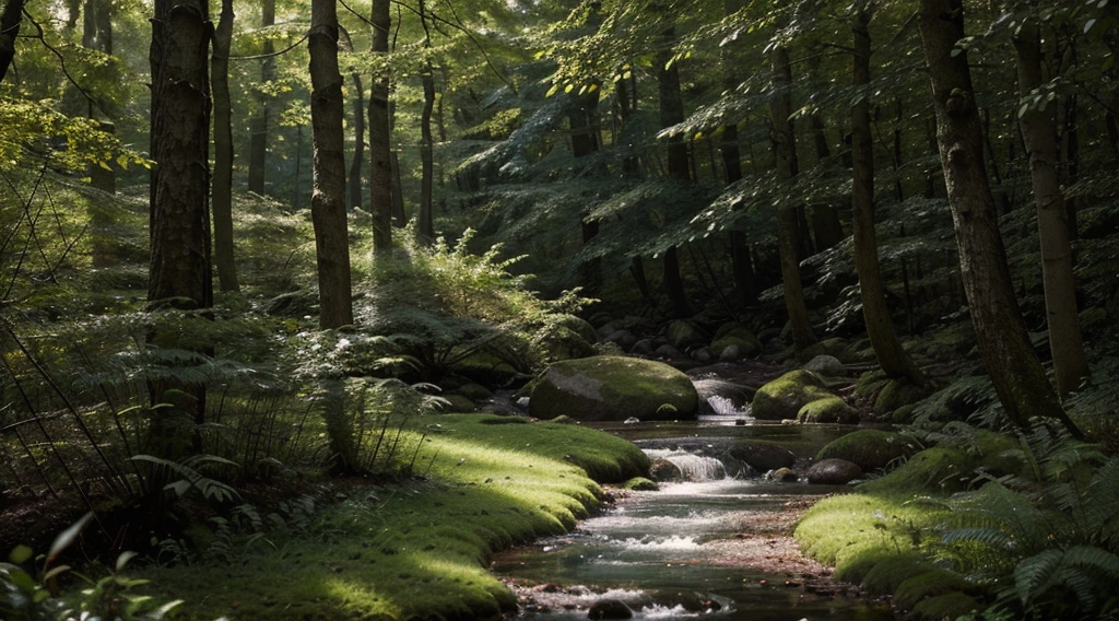 Create an image of an enchanted forest. Imagine tall, leafy trees forming a canopy overhead, with rays of sunlight filtering through the branches. The forest floor is covered in a soft carpet of moss, and there's a sense of magic and mystery in the air. Perhaps there are hidden paths winding through the trees, or a babbling brook running alongside the forest. Describe the details of the scene, including the colors of the foliage, the textures of the trees and underbrush, and any magical elements that make this forest truly enchanting, 4k, high definition, cinematic, HDR