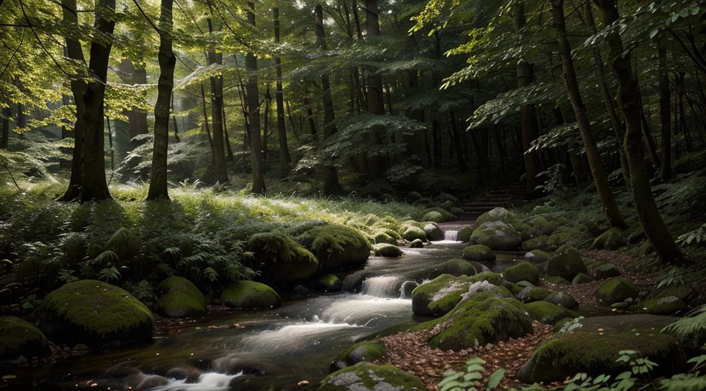 Create an image of an enchanted forest. Imagine tall, leafy trees forming a canopy overhead, with rays of sunlight filtering through the branches. The forest floor is covered in a soft carpet of moss, and there's a sense of magic and mystery in the air. Perhaps there are hidden paths winding through the trees, or a babbling brook running alongside the forest. Describe the details of the scene, including the colors of the foliage, the textures of the trees and underbrush, and any magical elements that make this forest truly enchanting, 4k, high definition, cinematic, HDR