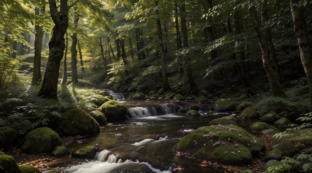 Create an image of an enchanted forest. Imagine tall, leafy trees forming a canopy overhead, with rays of sunlight filtering through the branches. The forest floor is covered in a soft carpet of moss, and there's a sense of magic and mystery in the air. Perhaps there are hidden paths winding through the trees, or a babbling brook running alongside the forest. Describe the details of the scene, including the colors of the foliage, the textures of the trees and underbrush, and any magical elements that make this forest truly enchanting, 4k, high definition, cinematic, HDR