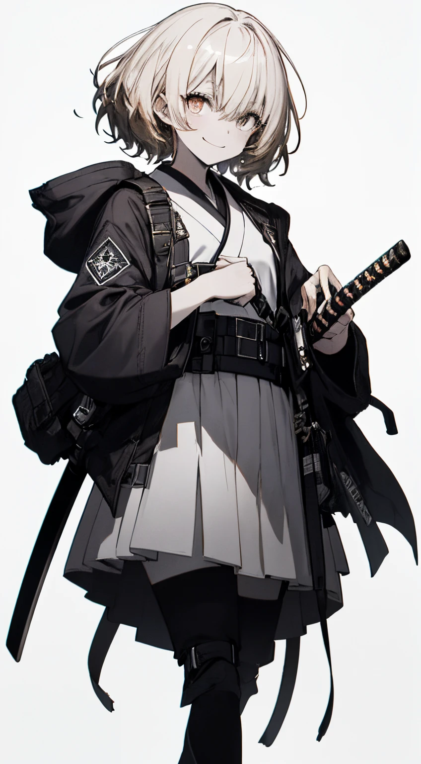 Full body, White one-piece military uniform, Jet black head of hair,(masutepiece:1.2, Best Quality), (finely detailed beautiful eye: 1.2), (beautifull detailed face), High contrast, (Best Illumination, extremely delicate and beautiful), ((Cinematic Light)), Dramatic light, Intricate details,dark orange eyes, Shining eyes,Short stature, Smaller chest、Belt under the chest、White military uniform, White skirt,blonde  hair, Black tie,  (Pale white background:1.5), Wolf cut hair, accurate hands, Look at me and smile, ruddy skin, Japanese Katana Sword, Samurai sword,