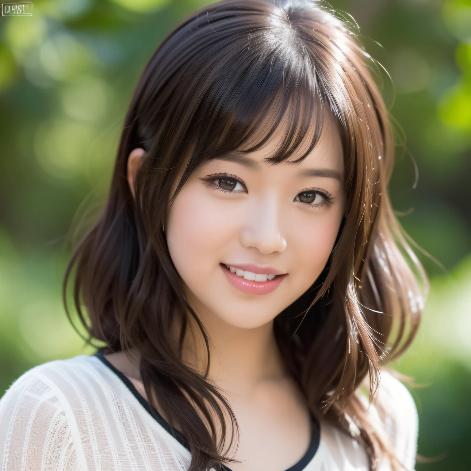 (8k, Fotos RAW, Calidad superior, High resolution: 1.1), (Hiperrealista: 1.4), (realista, fotorrealista: 1.3), 30 years old, Luz suave, escote, girlish, Cara realista, Cuerpo realista, Piel realista, absurdo, Obra maestra, (Lindo: 1.8), Cuties, solamente, (Grande: 1.2), Ojos negros detallados, ojos inocentes, sonrojarse, (camiseta(1.2), Cinemalite, Film grain, jewely, Pendientes, ((Pelo corto bob: 1.1)), (Pelo flotante estilo rana nova)), labios color cereza, cinta para el cabello, cinta para el cabello, Cola de caballo, cerrar, Mirar visor, Parte superior del cuerpo, labios abiertos, dientes superiores, (sonrisa ojos: 0.6), ((Sonriendo: 1.2)), Profundidad de campo, fondo borroso, Enfoque ocular, Bokeh, joven, Lente de 85 mm, f/1.4, Pro Lighting, joven, retrato, Mapeo de fotones, Radiosidad, physically based representation, sin sujetador