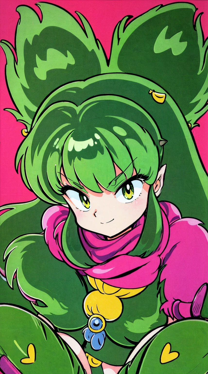 (best quality,4k,8k,highres,masterpiece:1.2),ultra-detailed,ic,lum,boots,smile,scarf,fur clothing,barbarian,confident,ornate necklace,strength,forest background,serious expression,sharp focus,detailed face,lush greenery,studio lighting,vivid colors, 80s style,takahashi rumiko