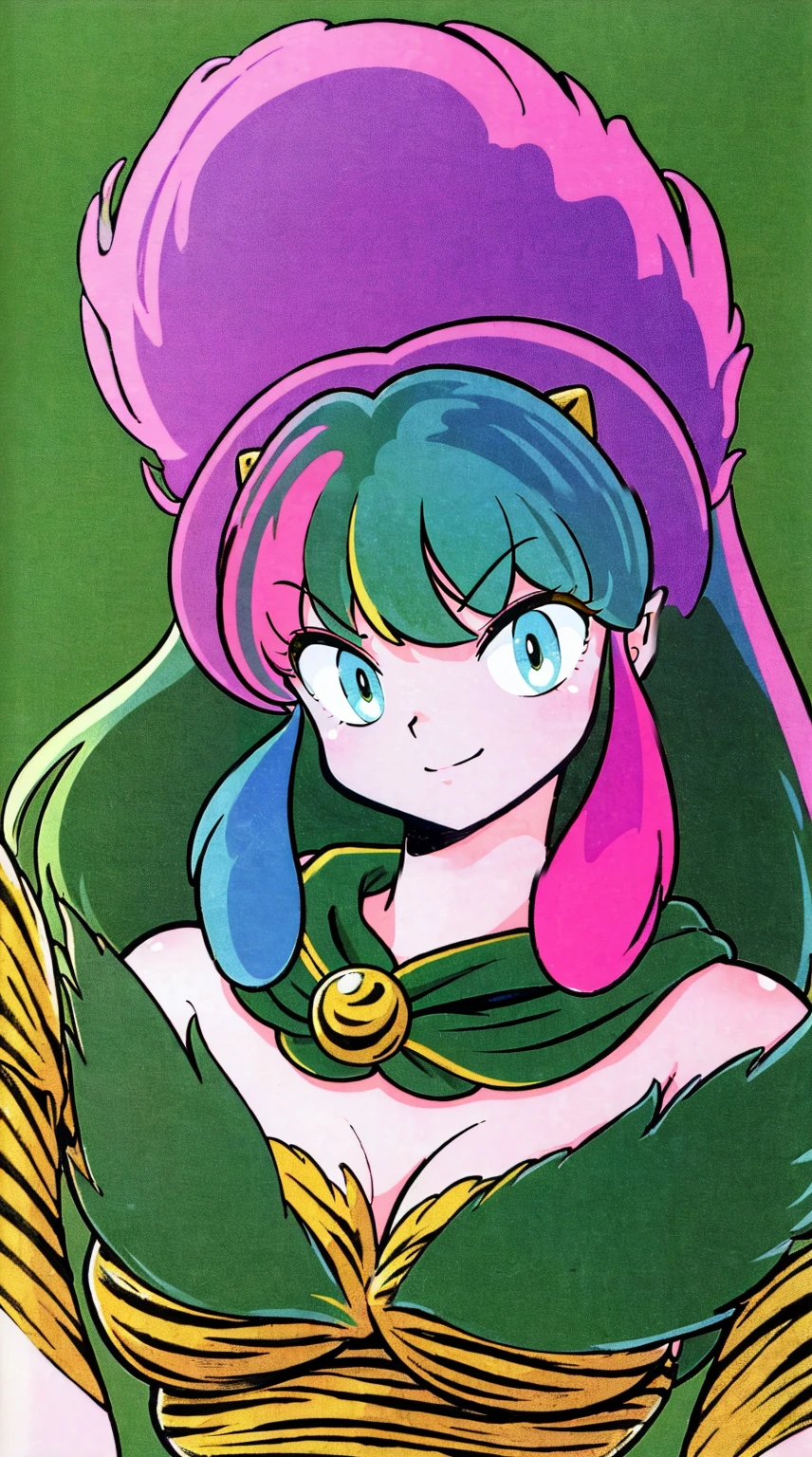 (best quality,4k,8k,highres,masterpiece:1.2),ultra-detailed,ic,lum,boots,smile,scarf,fur clothing,barbarian,confident,ornate necklace,strength,forest background,serious expression,sharp focus,detailed face,lush greenery,studio lighting,vivid colors, 80s style,takahashi rumiko
