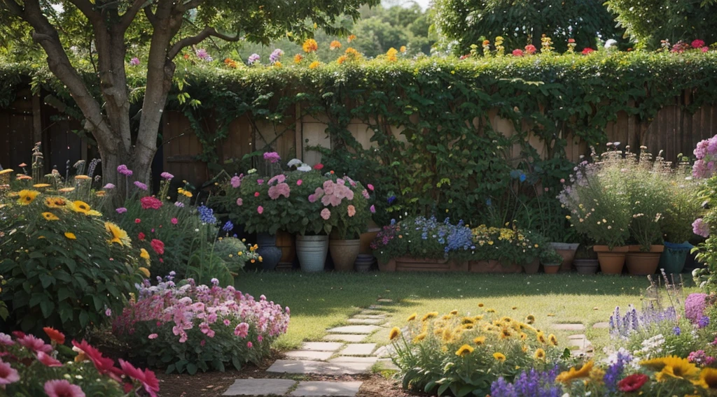 Imagine a vibrant garden full of colorful flowers. Picture a variety of blooms in different shapes and sizes, creating a tapestry of hues. Butterflies and bees flutter and buzz around, adding to the lively atmosphere. The air is filled with the sweet scent of flowers, and the garden is alive with the sound of nature. Describe the scene in detail, including the types of flowers present, their vibrant colors, and the joyful ambiance created by the buzzing insects and fragrant aromas, 4k, high definition, cinematic, HDR