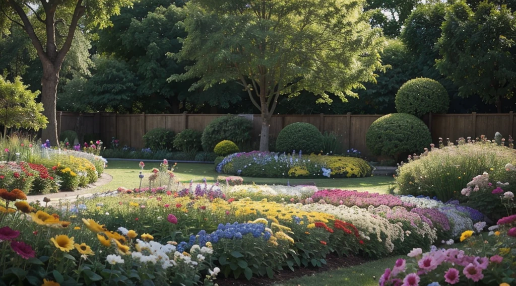 Imagine a vibrant garden full of colorful flowers. Picture a variety of blooms in different shapes and sizes, creating a tapestry of hues. Butterflies and bees flutter and buzz around, adding to the lively atmosphere. The air is filled with the sweet scent of flowers, and the garden is alive with the sound of nature. Describe the scene in detail, including the types of flowers present, their vibrant colors, and the joyful ambiance created by the buzzing insects and fragrant aromas, 4k, high definition, cinematic, HDR
