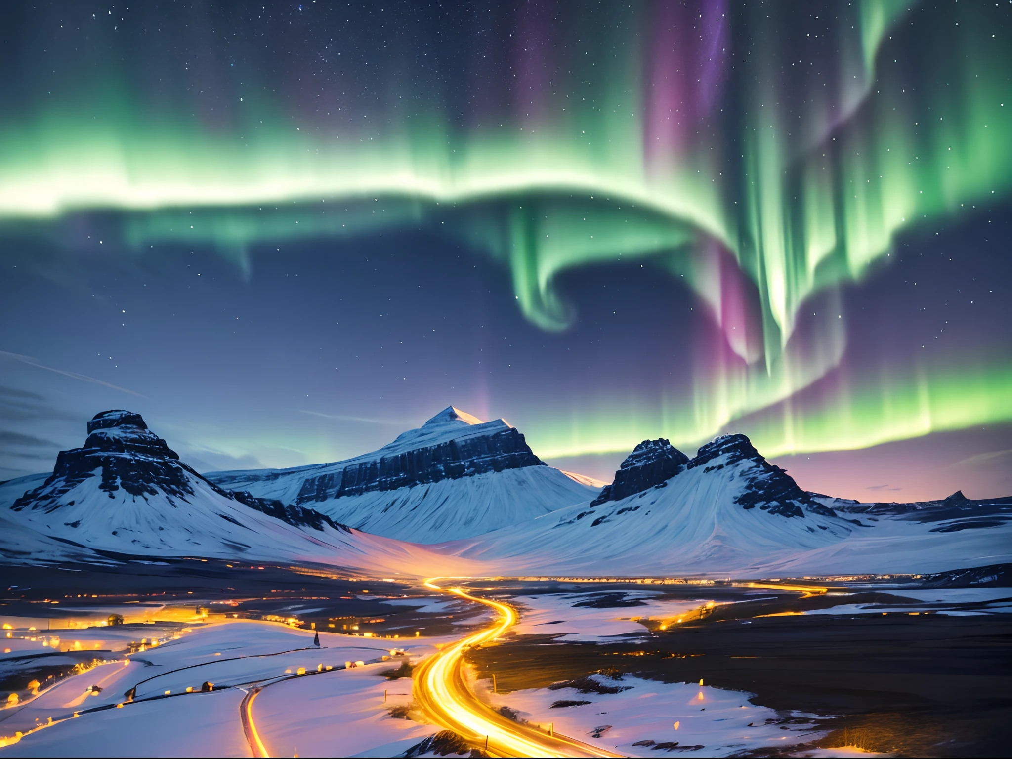 A realistic landscape shot of the Northern Lights dancing over a snowy mountain range in Iceland, with long exposure to capture the motion and vibrant colors