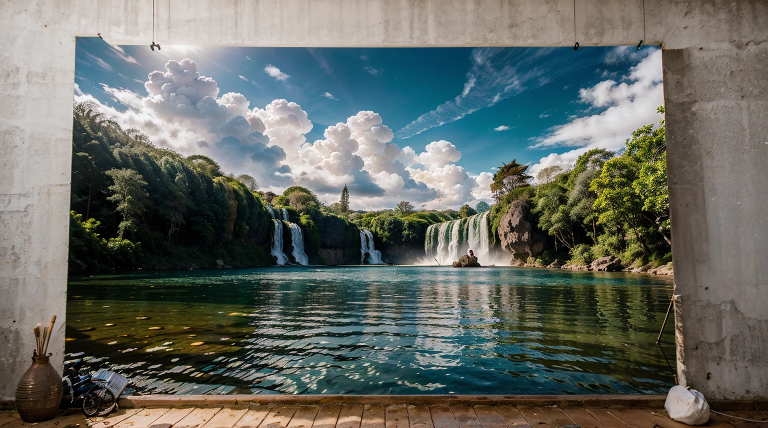 master part, best quality, alta qualidade, extremamente detalhado CG unidade 8k papel de parede, Landscape, ao ar livre, heaven, Cloud, heaven, Sem humanos, montanha, Landscape, water, tree, blue skies, waterfall, penhasco, Natureza, lago, Rio , Cloudy skies, fotografia premiada, Bokeh, profundidade de campo, HDR, florescer, chromatic aberration, fotorrealismo, Very detailed, trending on ArtStation, trending in cgsociety, intrincado, High detail, Dramatic, Arte no meio da jornada