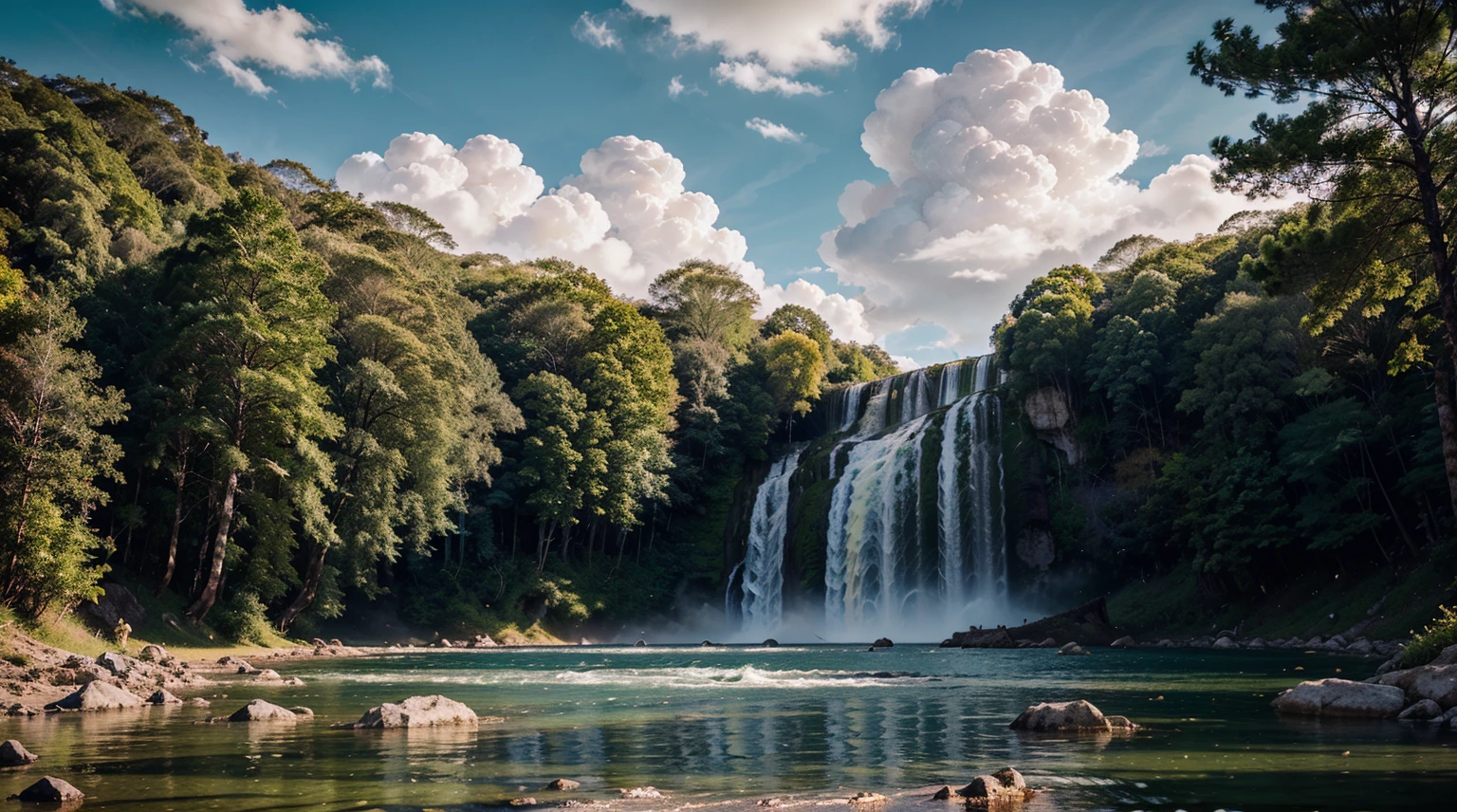 master part, best quality, alta qualidade, extremamente detalhado CG unidade 8k papel de parede, Landscape, ao ar livre, heaven, Cloud, heaven, Sem humanos, montanha, Landscape, water, tree, blue skies, waterfall, penhasco, Natureza, lago, Rio , Cloudy skies, fotografia premiada, Bokeh, profundidade de campo, HDR, florescer, chromatic aberration, fotorrealismo, Very detailed, trending on ArtStation, trending in cgsociety, intrincado, High detail, Dramatic, Arte no meio da jornada