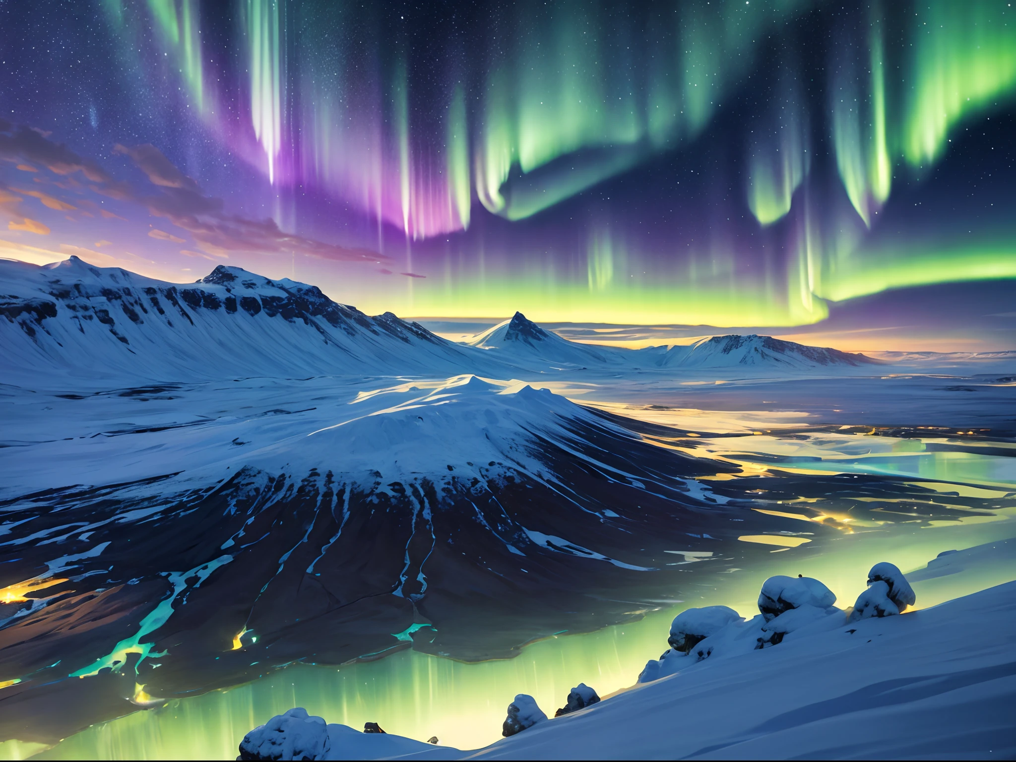 A realistic landscape shot of the Northern Lights dancing over a snowy mountain range in Iceland, with long exposure to capture the motion and vibrant colors