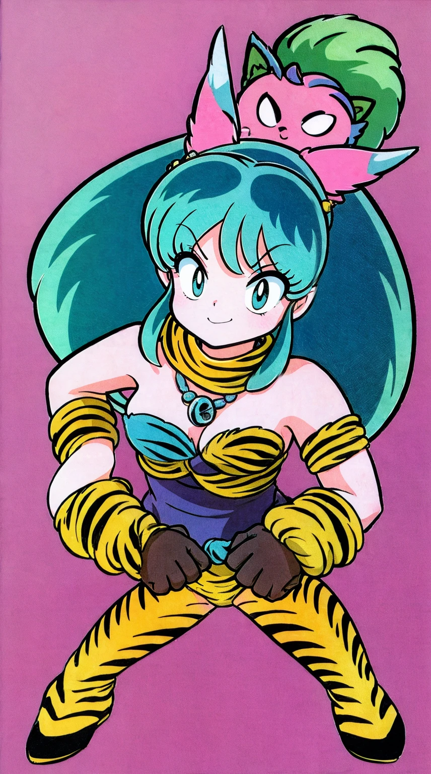 (best quality,4k,8k,highres,masterpiece:1.2),ultra-detailed,ic,lum,boots,smile,scarf,fur clothing,barbarian,confident,ornate necklace,strength,forest background,serious expression,sharp focus,detailed face,lush greenery,studio lighting,vivid colors, 80s style,takahashi rumiko, fangs, sharpteeth, standing full body