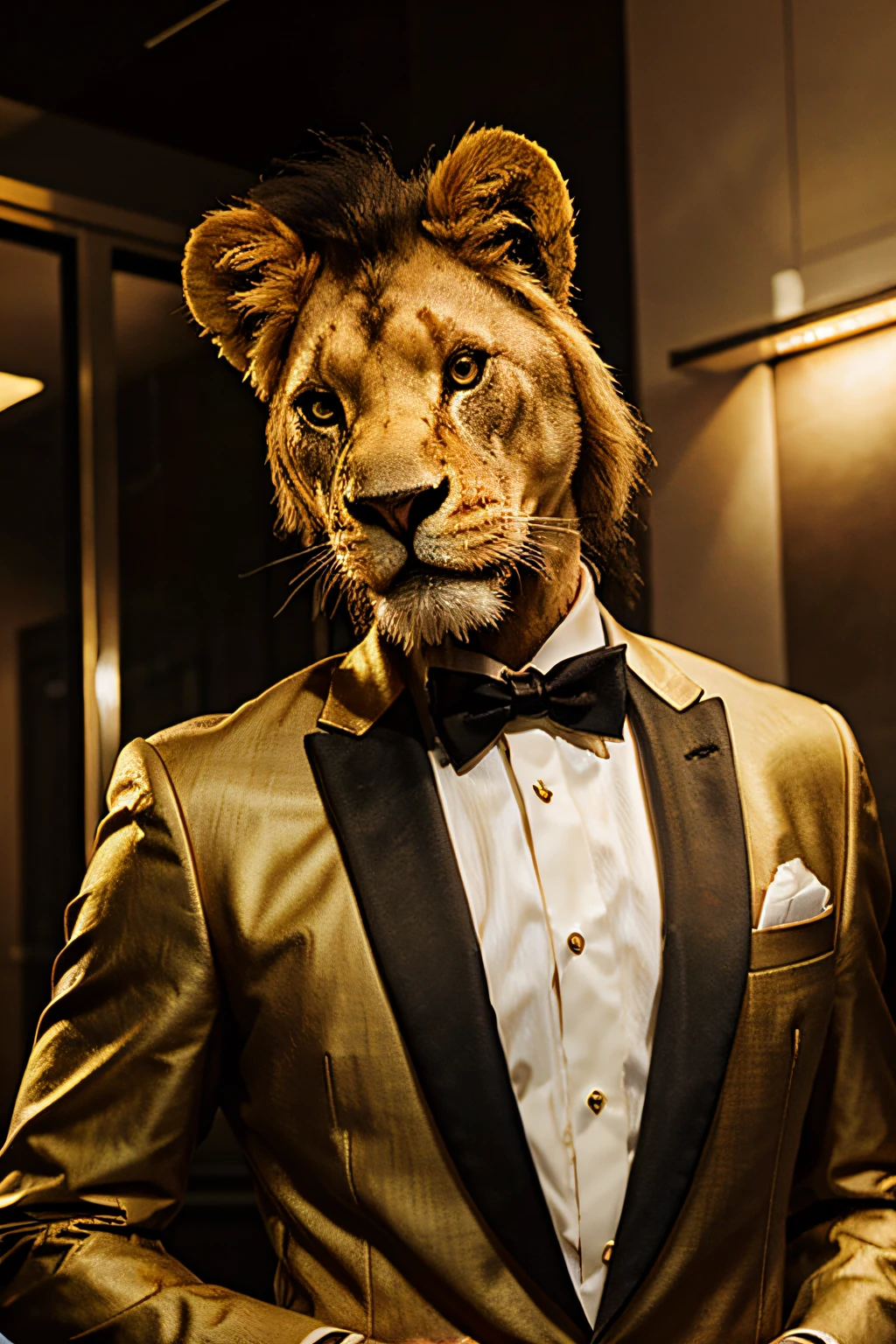 lion in suit, golden bow tie,