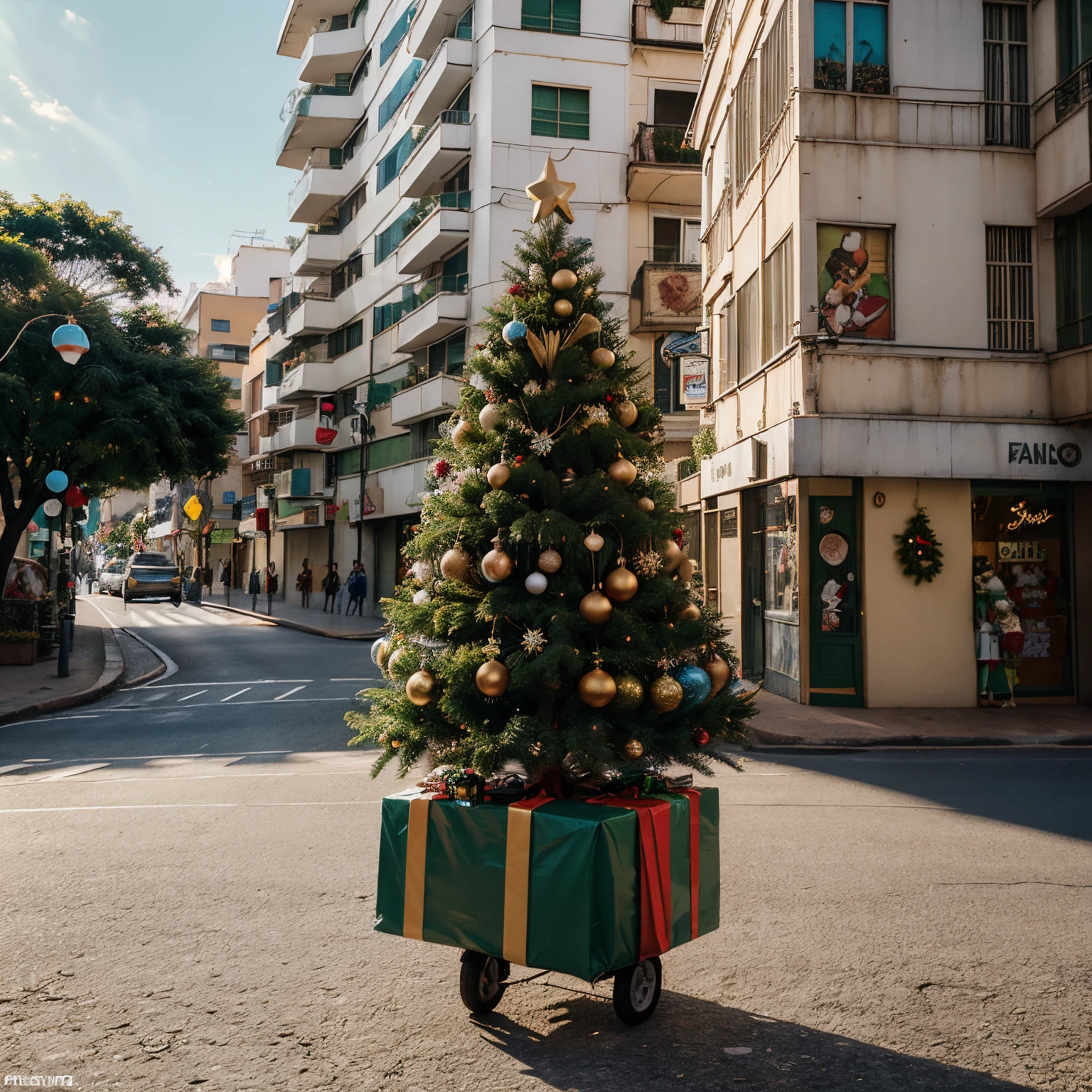 cartoon illustration, no meio da rua decorada para o Natal, Christmas tree, caixa grande de presente, estilo Disney Pixar, lo-fi
