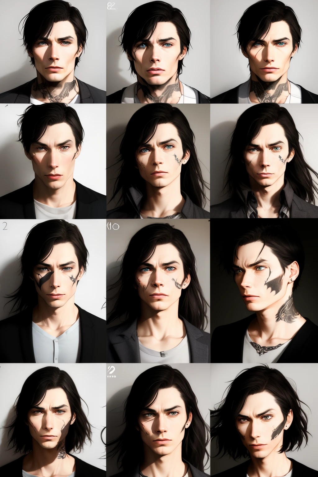 Generate images of Cillian Murphy's body references:
1. Full-body shots from different angles.
2. Close-ups of facial expressions and features.
3. Side and back views to capture posture and body structure.
4. Casual and formal clothing variations.
5. Emotions such as happiness, sadness, and neutral expressions.
6. Dynamic poses and relaxed stances.
7. Any distinctive features like tattoos, scars, or unique facial expressions.
8. Lighting variations to capture details in different conditions.
9. Hairstyle variations if applicable.
10. A mix of both candid and posed shots.